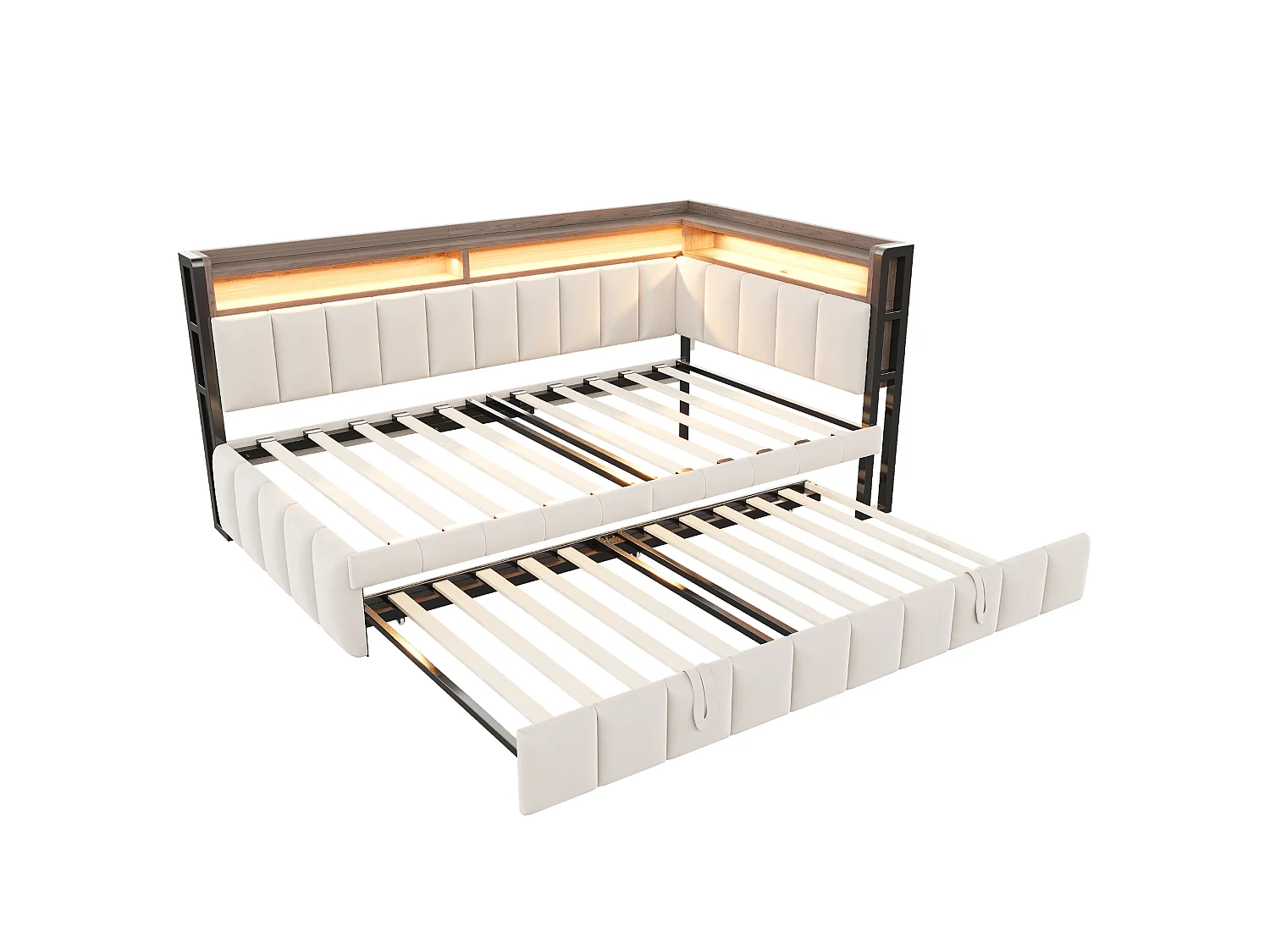 Udtræksseng 90 x 200 cm + 90 x 190 cm med hovedgærde, LED-belysning og USB/Type-C-porte - Fløjl - Beige (madras medfølger ikke)