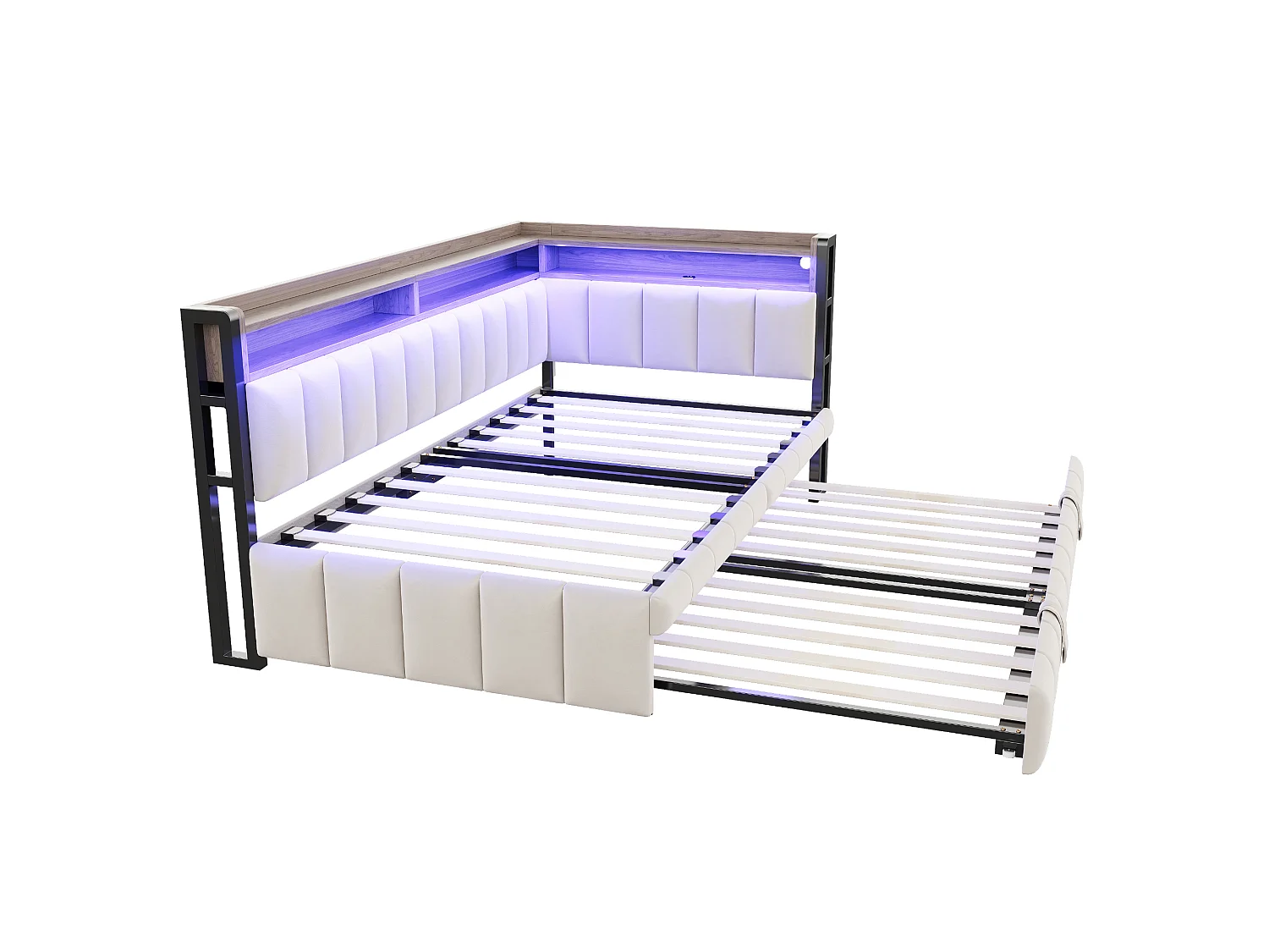 Udtræksseng 90 x 200 cm + 90 x 190 cm med hovedgærde, LED-belysning og USB/Type-C-porte - Fløjl - Beige (madras medfølger ikke)