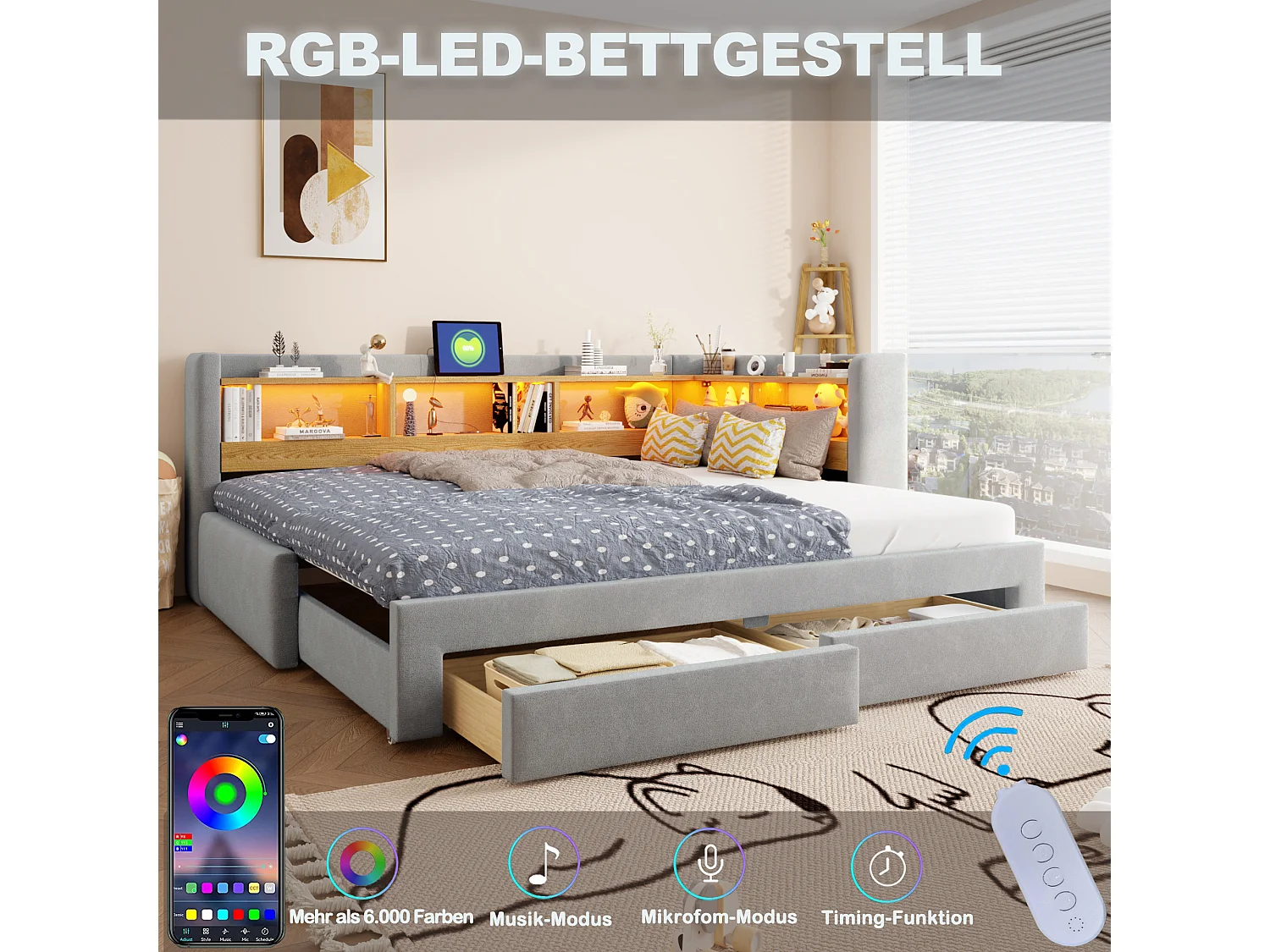 Udtræksseng 90/180 x 200 cm med 2 skuffer, LED-belysning og stikkontakt - Velour - Grå (madras medfølger ikke)