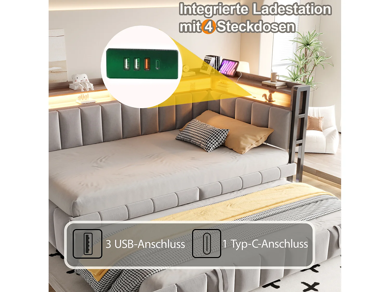 Udtræksseng 90 x 200 cm + 90 x 190 cm med hovedgærde, LED-belysning og USB/Type-C-porte - Fløjl - Lysegrå (madras medfølger ikke)