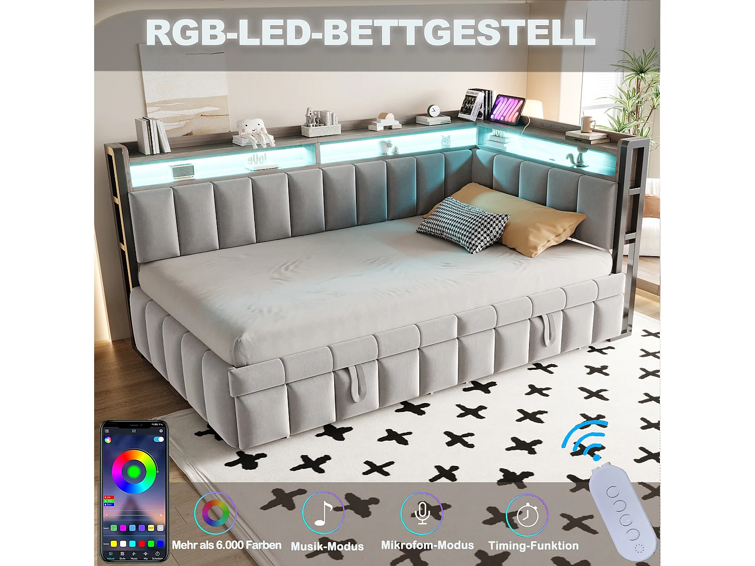 Udtræksseng 90 x 200 cm + 90 x 190 cm med hovedgærde, LED-belysning og USB/Type-C-porte - Fløjl - Lysegrå (madras medfølger ikke)
