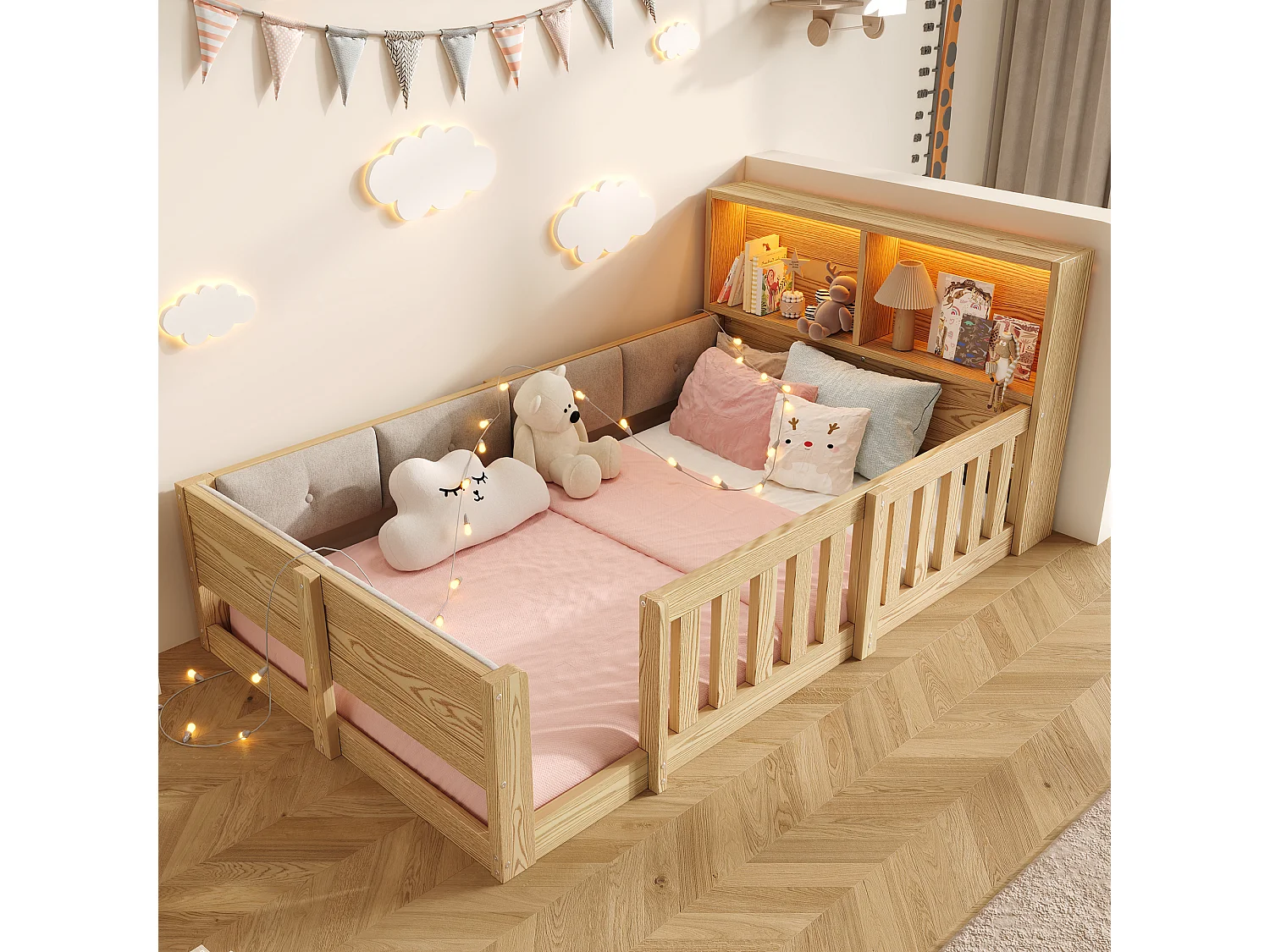 Lit enfant 90 x 200 cm avec LED, tête de lit avec rangements et barrières – MDF – Naturel (Sans matelas)