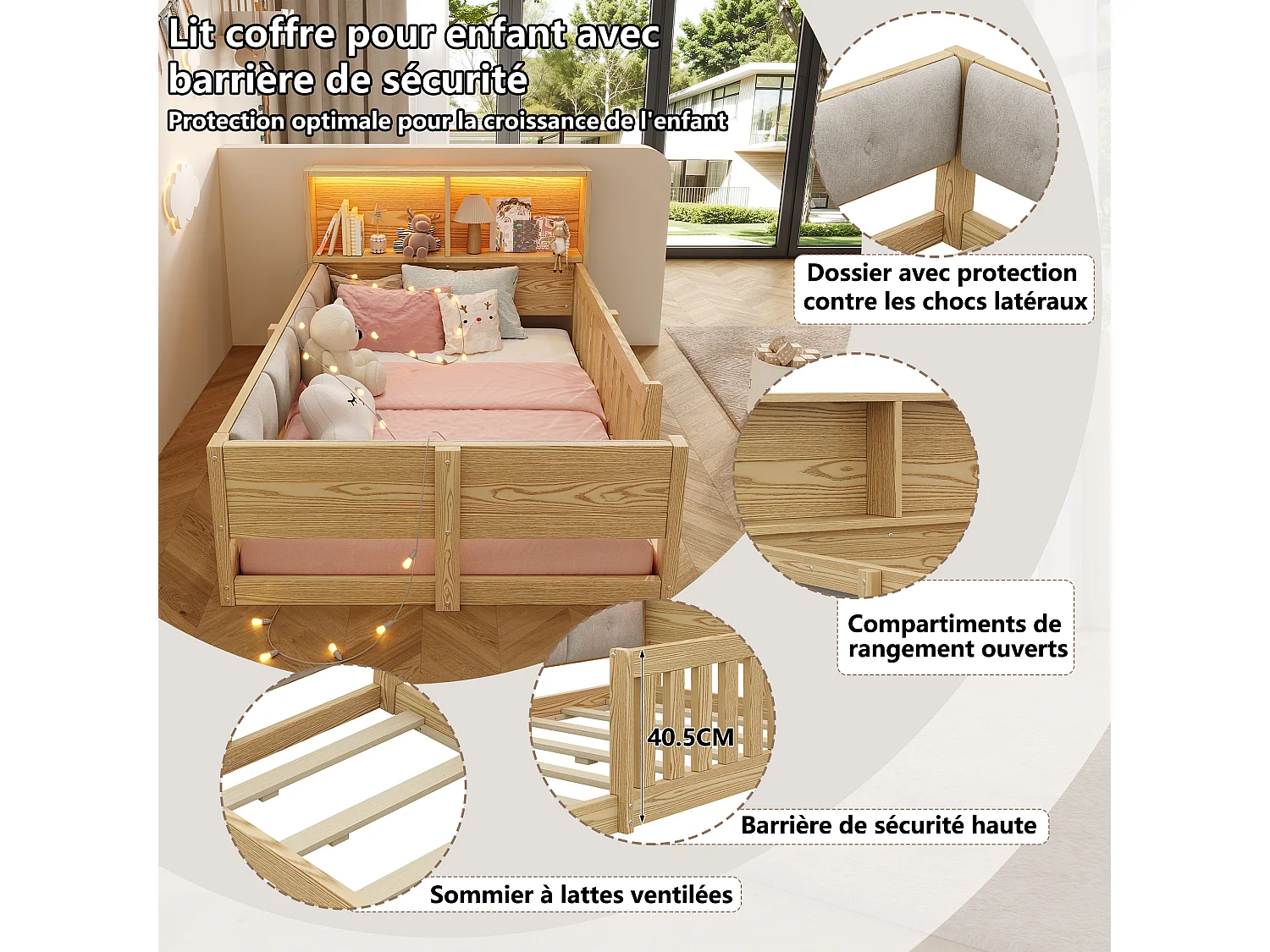 Lit enfant 90 x 200 cm avec LED, tête de lit avec rangements et barrières – MDF – Naturel (Sans matelas)