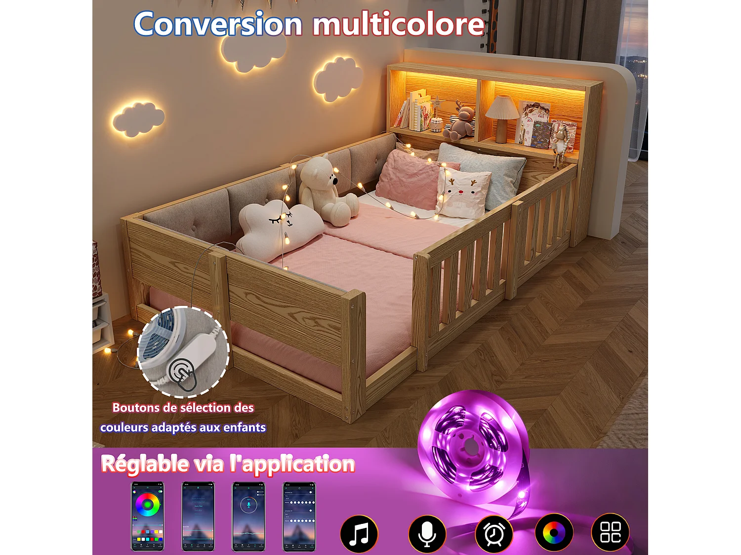 Lit enfant 90 x 200 cm avec LED, tête de lit avec rangements et barrières – MDF – Naturel (Sans matelas)