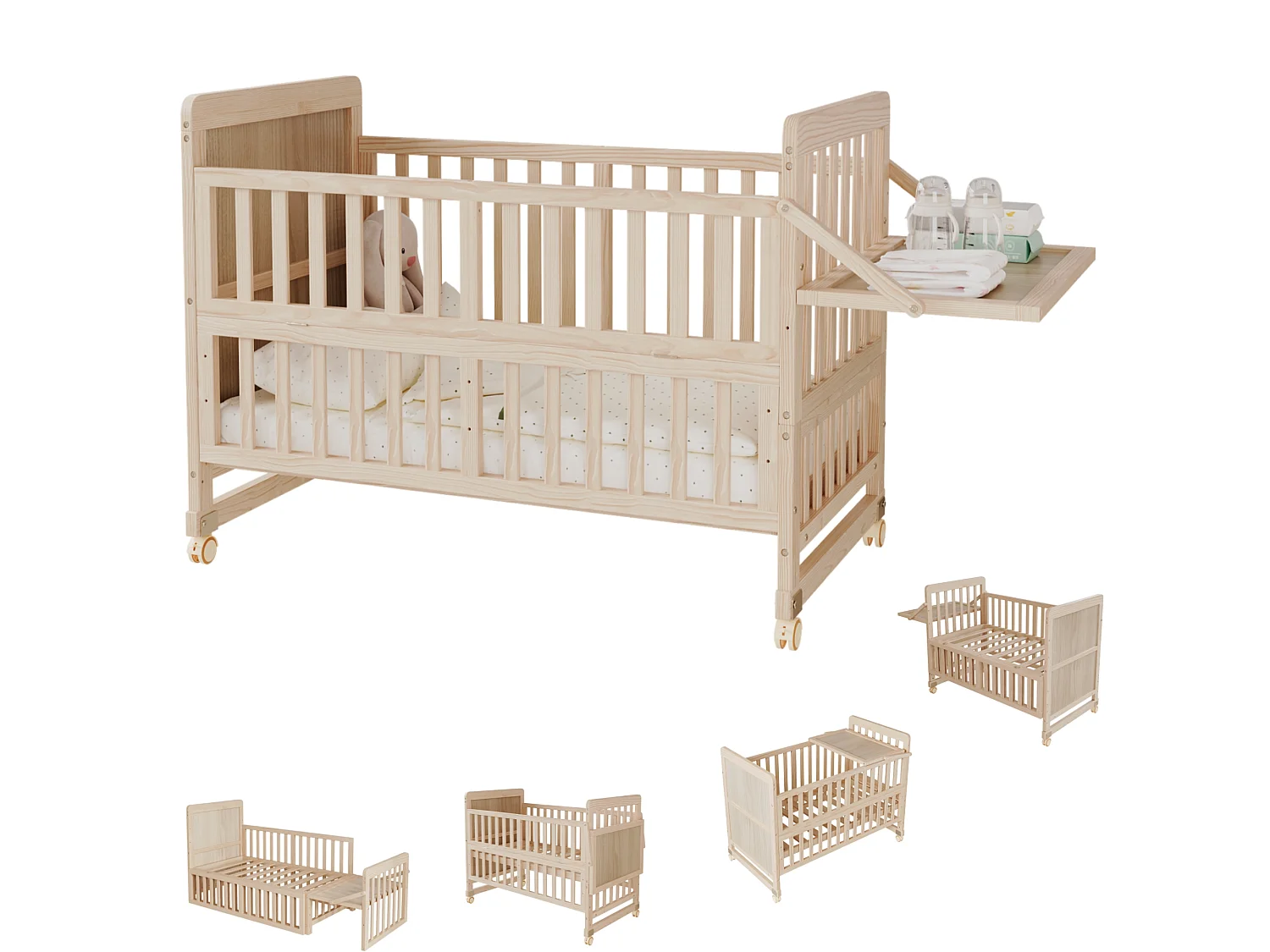 Lit bébé évolutif 3-en-1 avec plan à langer et roulettes - 60 x 120 cm - 3 hauteurs réglables - Bois massif de pin - Naturel