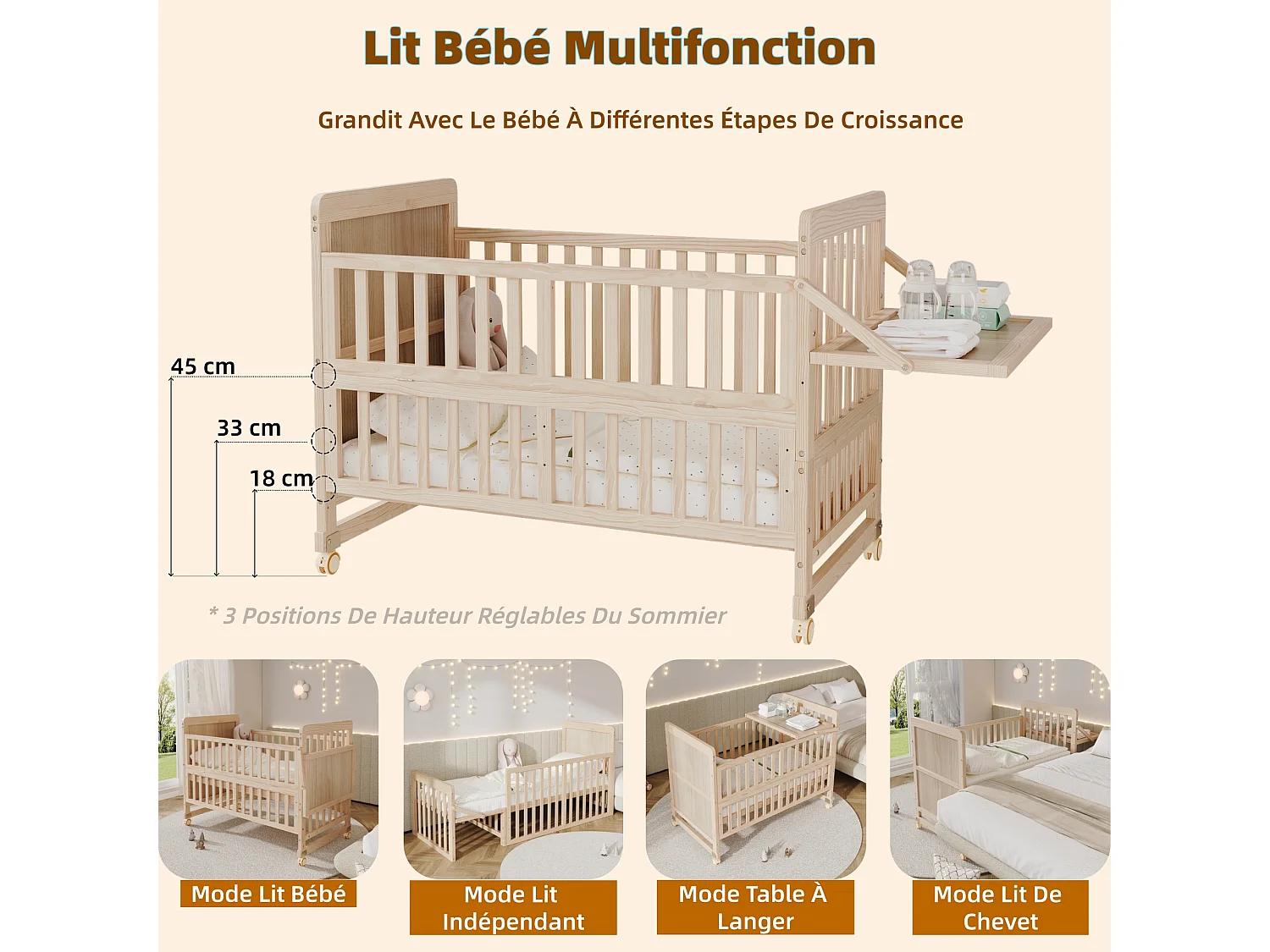 Lit bébé évolutif 3-en-1 avec plan à langer et roulettes - 60 x 120 cm - 3 hauteurs réglables - Bois massif de pin - Naturel