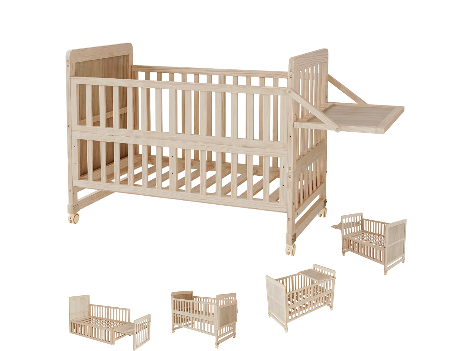 Lit bébé évolutif 3-en-1 avec plan à langer et roulettes - 60 x 120 cm - 3 hauteurs réglables - Bois massif de pin - Naturel