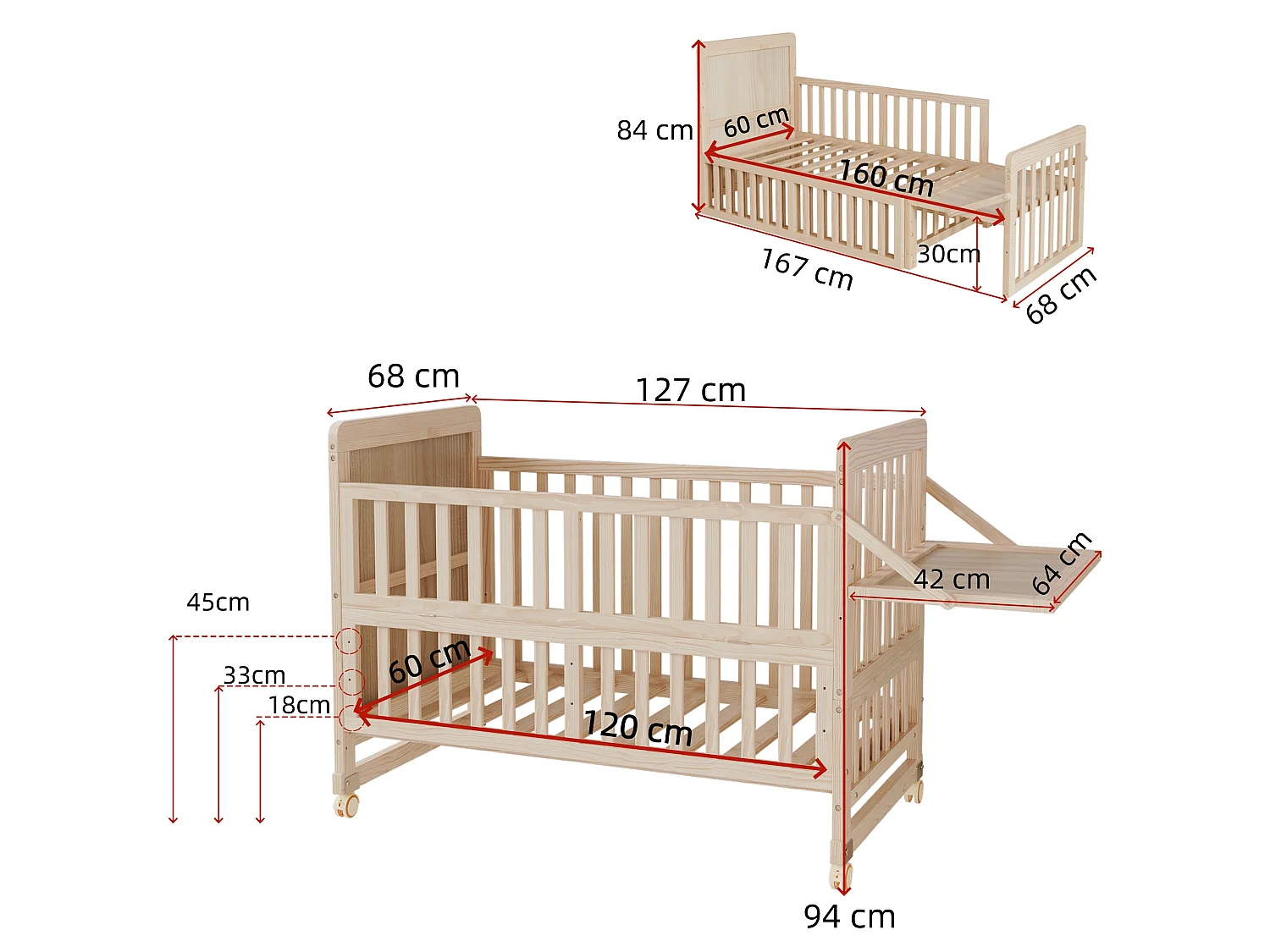 Lit bébé évolutif 3-en-1 avec plan à langer et roulettes - 60 x 120 cm - 3 hauteurs réglables - Bois massif de pin - Naturel