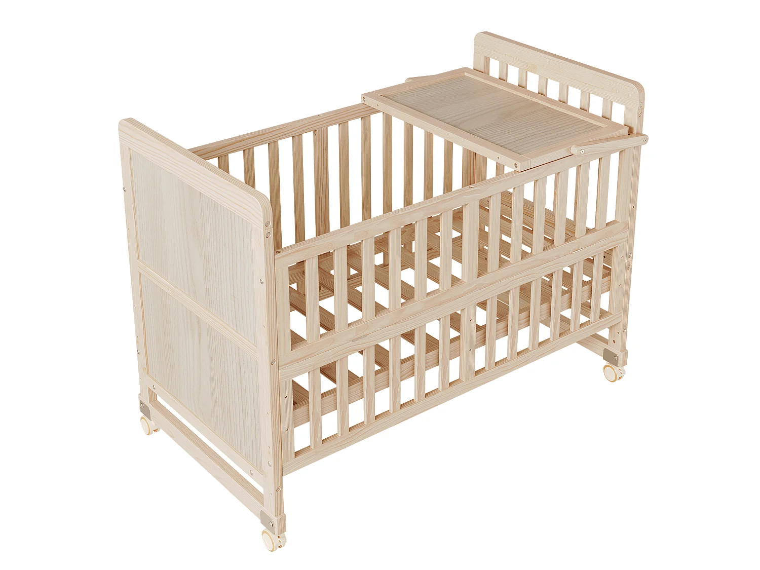 Lit bébé évolutif 3-en-1 avec plan à langer et roulettes - 60 x 120 cm - 3 hauteurs réglables - Bois massif de pin - Naturel