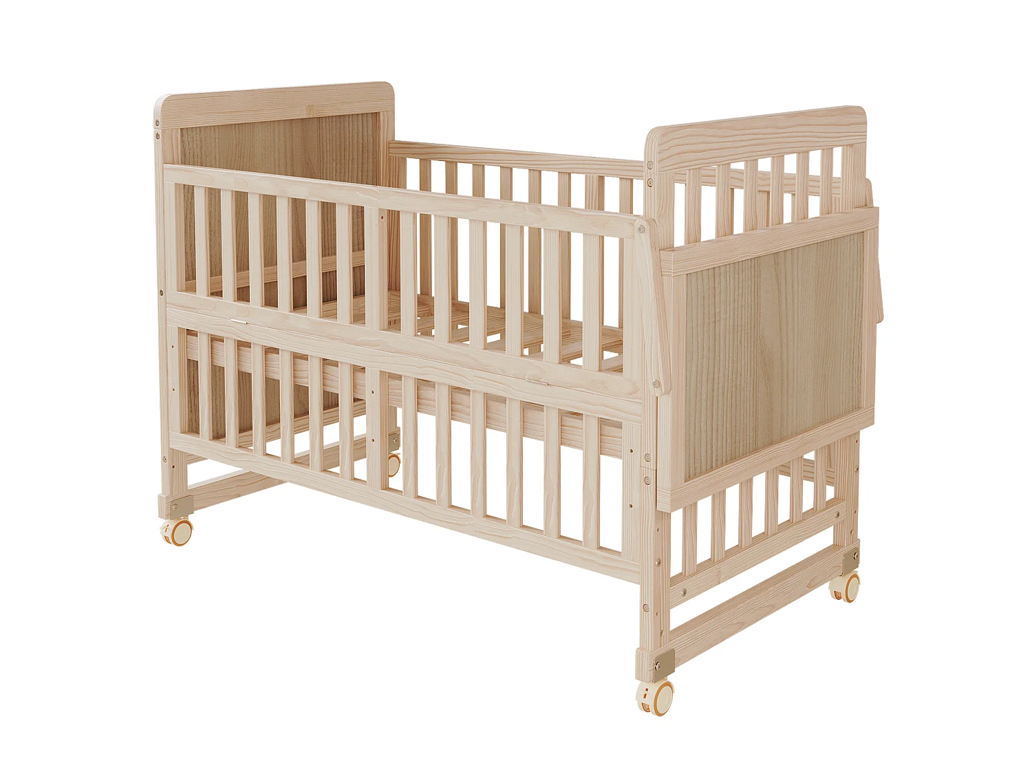 Lit bébé évolutif 3-en-1 avec plan à langer et roulettes - 60 x 120 cm - 3 hauteurs réglables - Bois massif de pin - Naturel