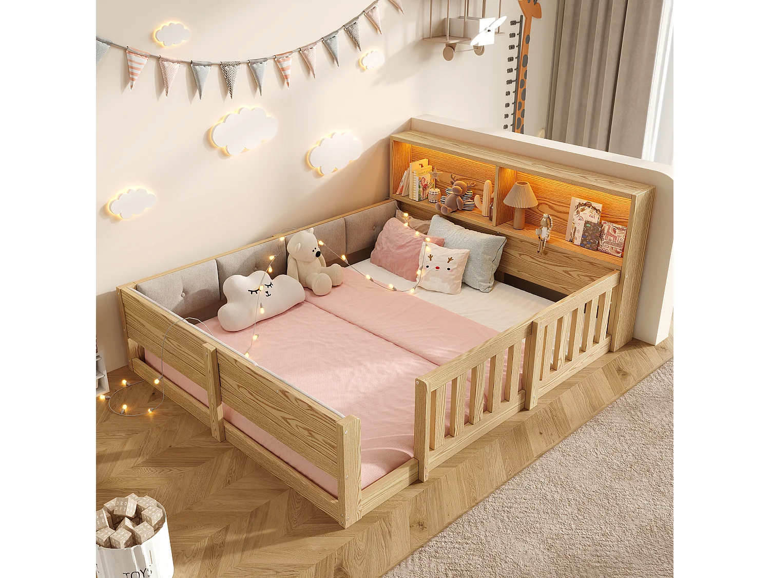 Lit enfant 140 x 200 cm avec LED, tête de lit avec rangements et barrières – MDF – Naturel (Sans matelas)