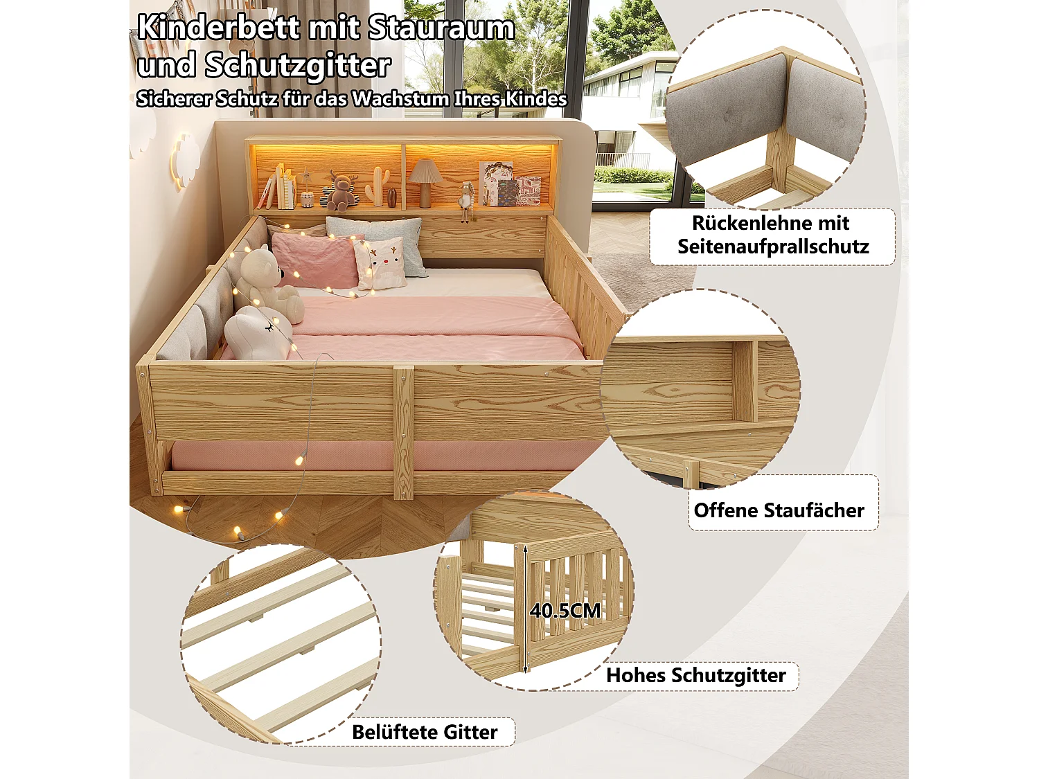 Lit enfant 140 x 200 cm avec LED, tête de lit avec rangements et barrières – MDF – Naturel (Sans matelas)