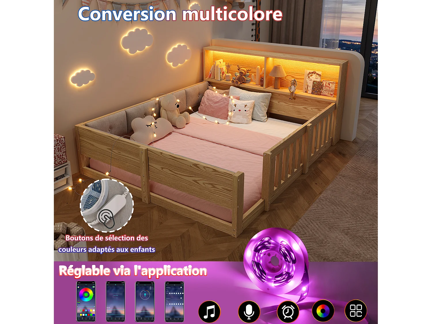 Lit enfant 140 x 200 cm avec LED, tête de lit avec rangements et barrières – MDF – Naturel (Sans matelas)