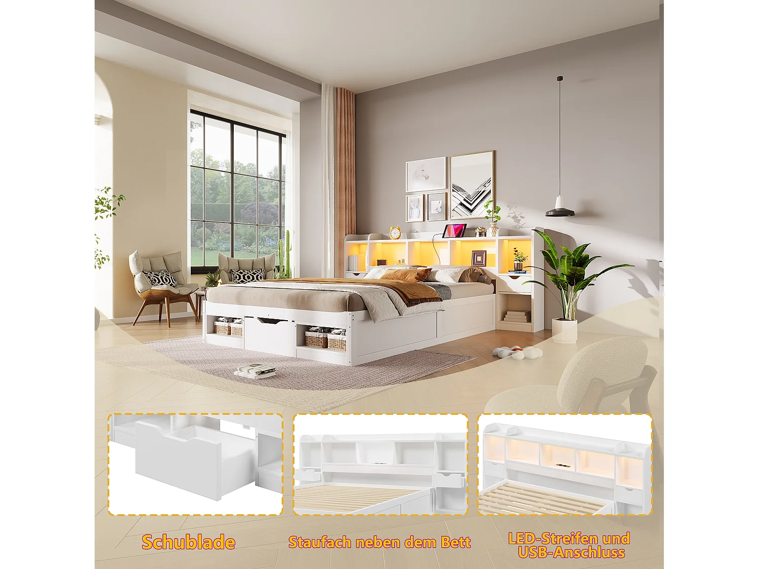 140 x 200 cm bed with headboard storage, 3 drawers, LED lights, and USB port – MDF + Plywood – White (Mattress not included)
