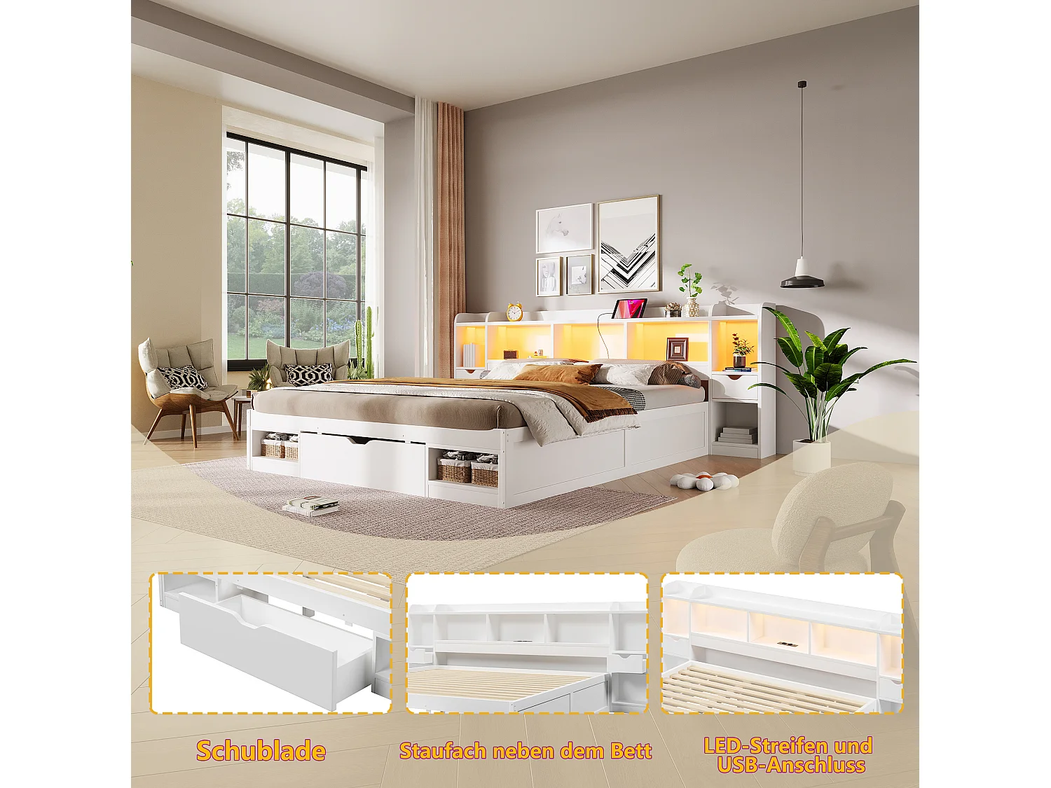180 x 200 cm bed with headboard storage, 3 drawers, LED lights, and USB port – MDF + Plywood – White (Mattress not included)