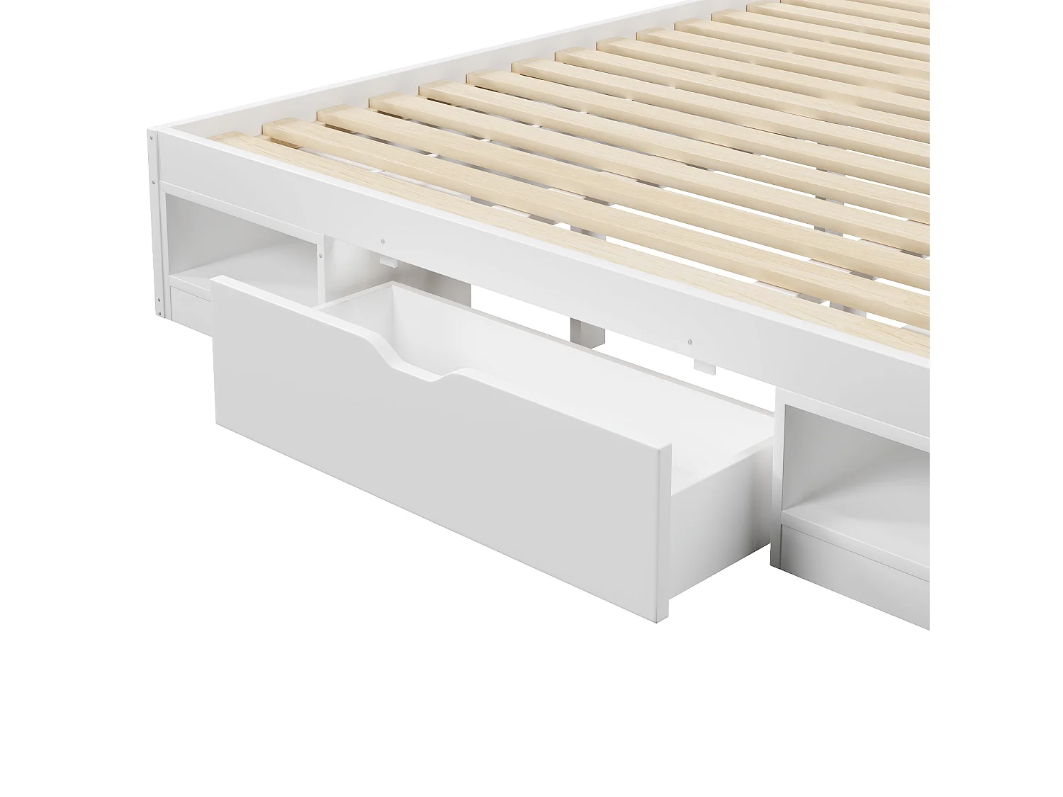 180 x 200 cm bed with headboard storage, 3 drawers, LED lights, and USB port – MDF + Plywood – White (Mattress not included)
