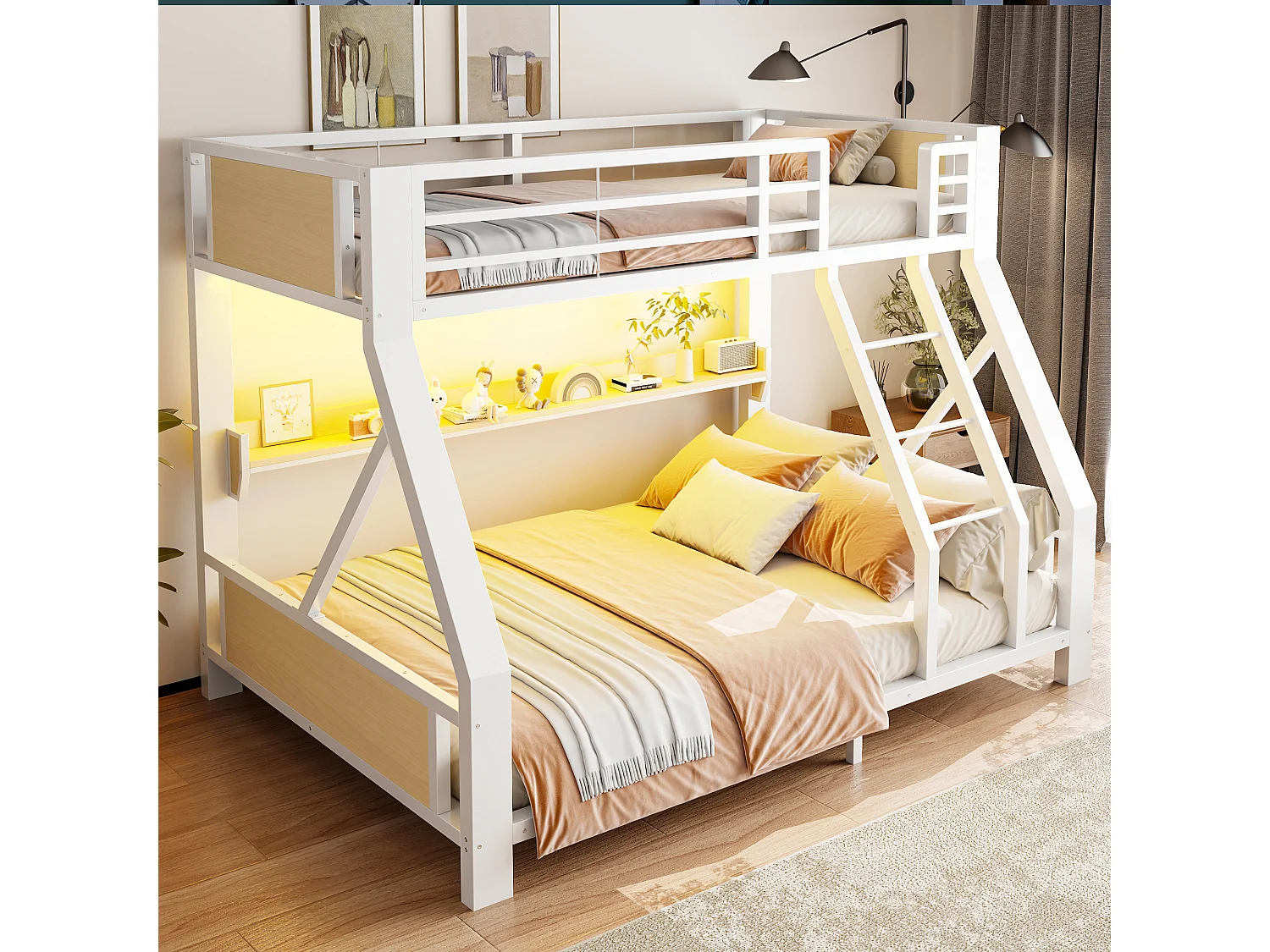 Stapelbed 90 x 200 / 140 x 200 cm met LED-verlichting en plank - Metaal, multiplex en meerlaags paneel - Wit (exclusief matras)