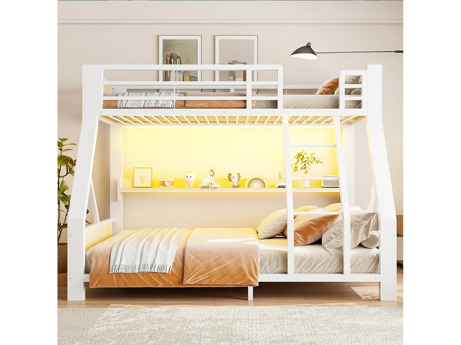 Stapelbed 90 x 200 / 140 x 200 cm met LED-verlichting en plank - Metaal, multiplex en meerlaags paneel - Wit (exclusief matras)