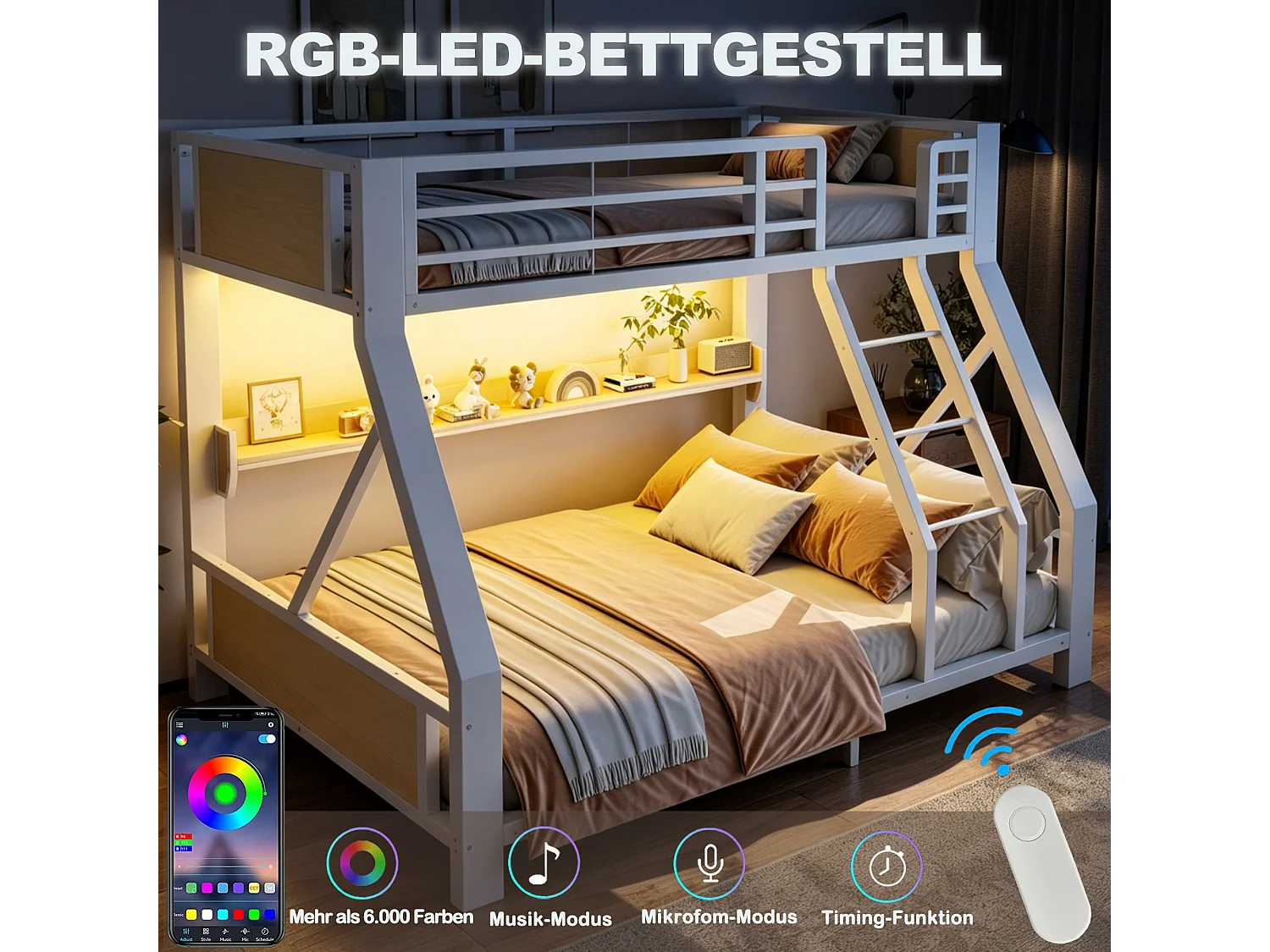 Stapelbed 90 x 200 / 140 x 200 cm met LED-verlichting en plank - Metaal, multiplex en meerlaags paneel - Wit (exclusief matras)