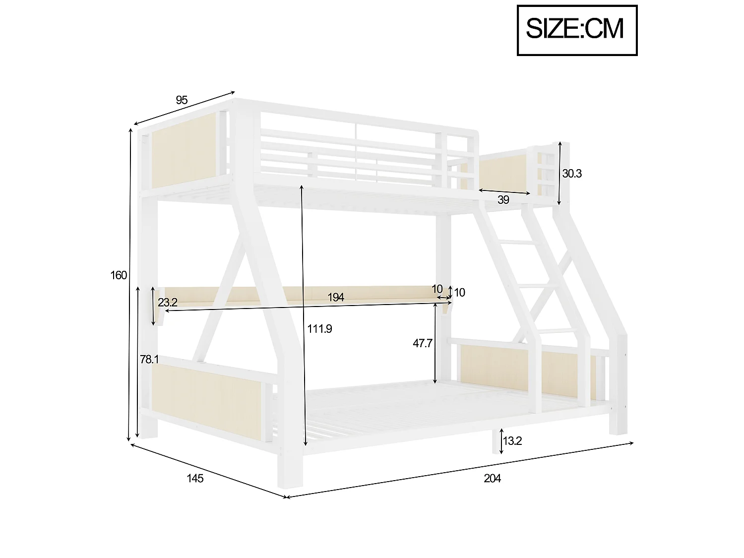Stapelbed 90 x 200 / 140 x 200 cm met LED-verlichting en plank - Metaal, multiplex en meerlaags paneel - Wit (exclusief matras)