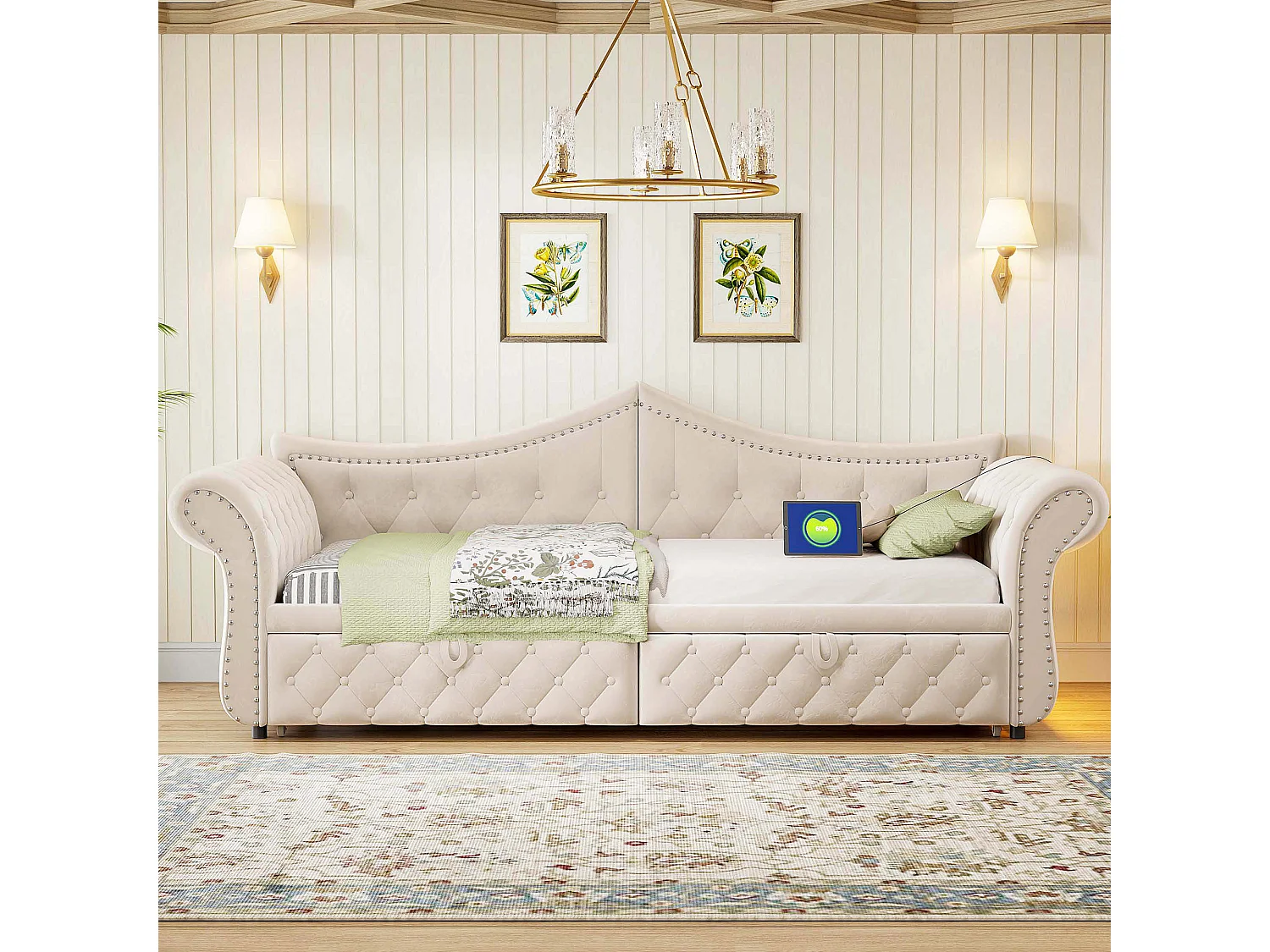 Udtræksseng 90/180 x 200 cm med LED-belysning og USB-port - Velour - Beige (madras medfølger ikke)
