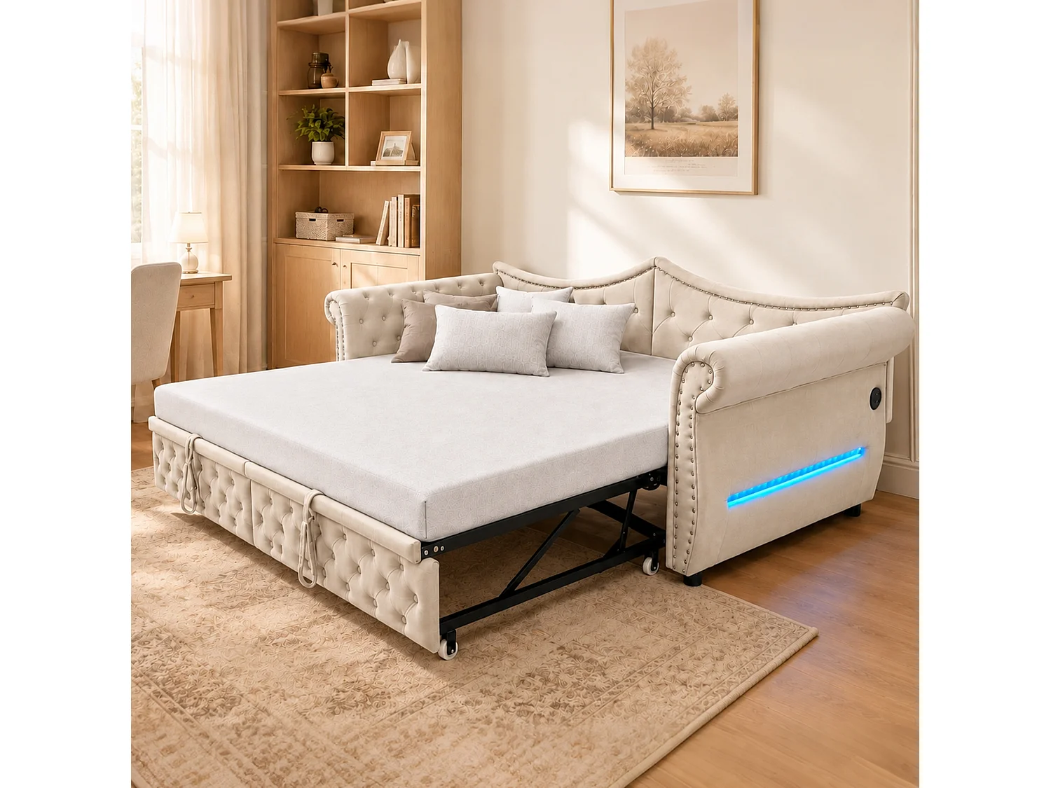 Udtræksseng 90/180 x 200 cm med LED-belysning og USB-port - Velour - Beige (madras medfølger ikke)