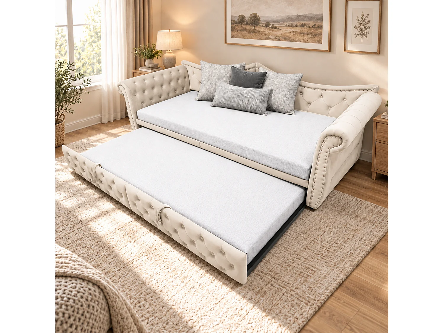 Udtræksseng 90/180 x 200 cm med LED-belysning og USB-port - Velour - Beige (madras medfølger ikke)