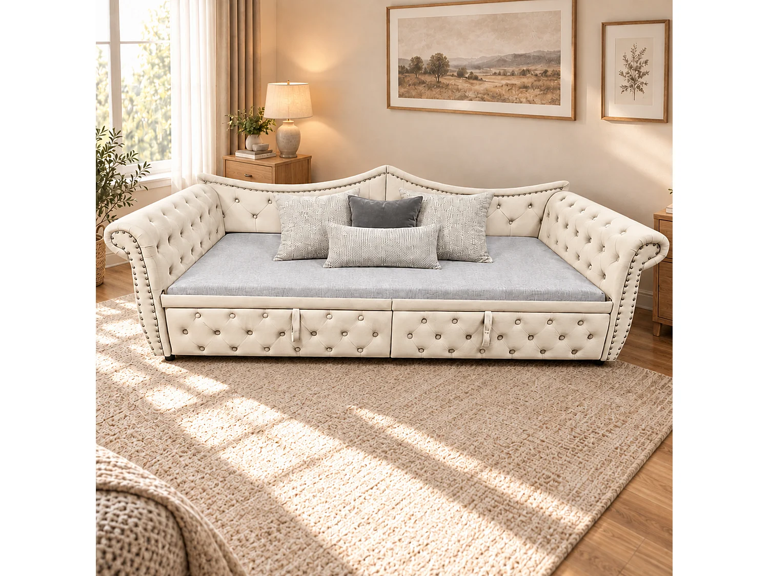 Udtræksseng 90/180 x 200 cm med LED-belysning og USB-port - Velour - Beige (madras medfølger ikke)