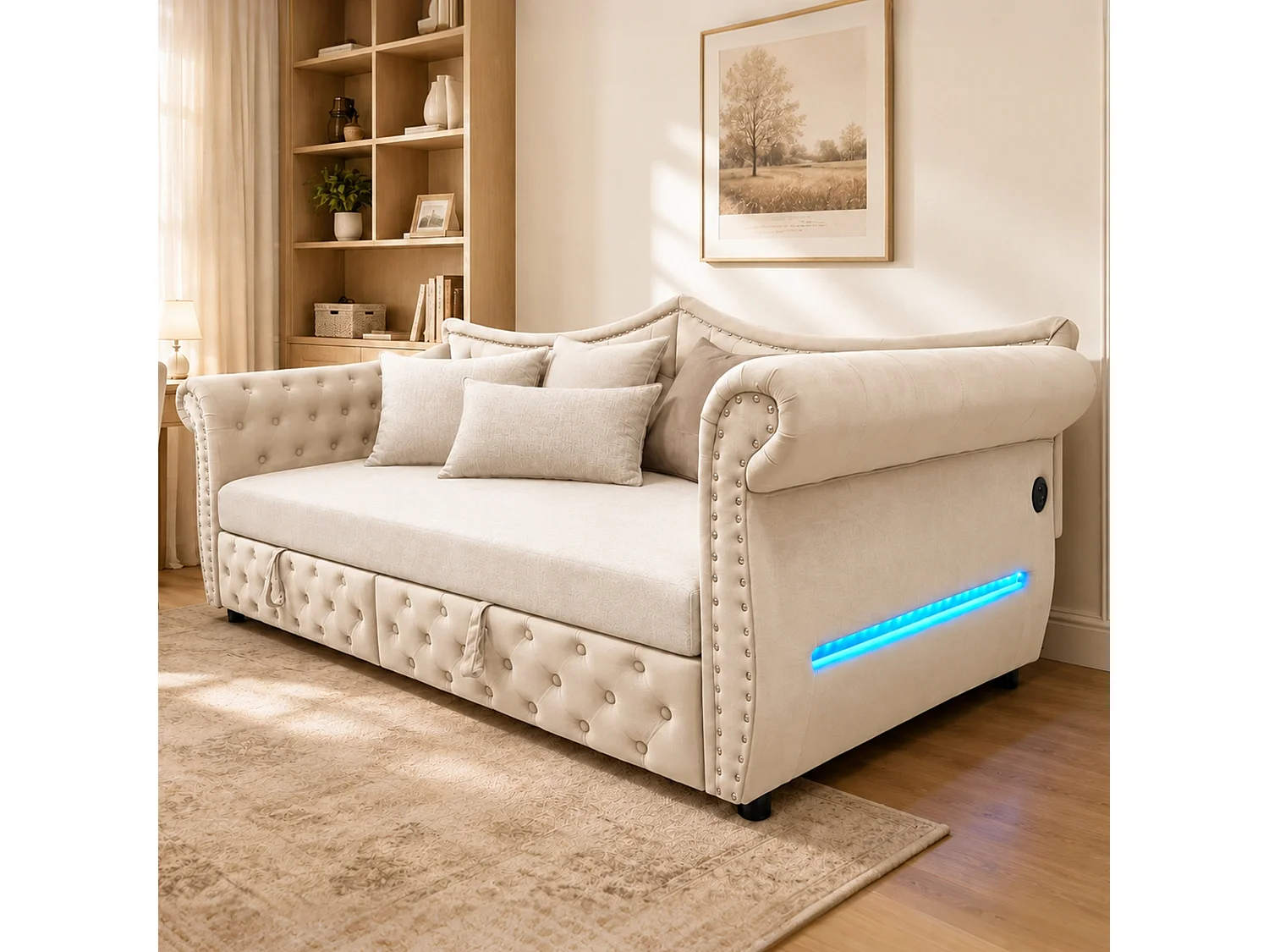 Udtræksseng 90/180 x 200 cm med LED-belysning og USB-port - Velour - Beige (madras medfølger ikke)