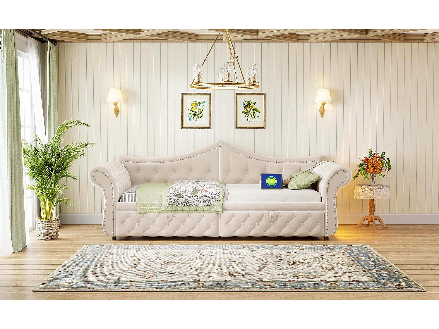 Udtræksseng 90/180 x 200 cm med LED-belysning og USB-port - Velour - Beige (madras medfølger ikke)