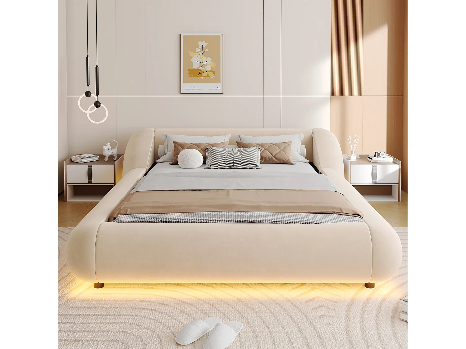 Polstret seng 140 x 200 cm med hovedgærde der omslutter og LED-belysning - Fløjl - Buet design - Beige (madras medfølger ikke)