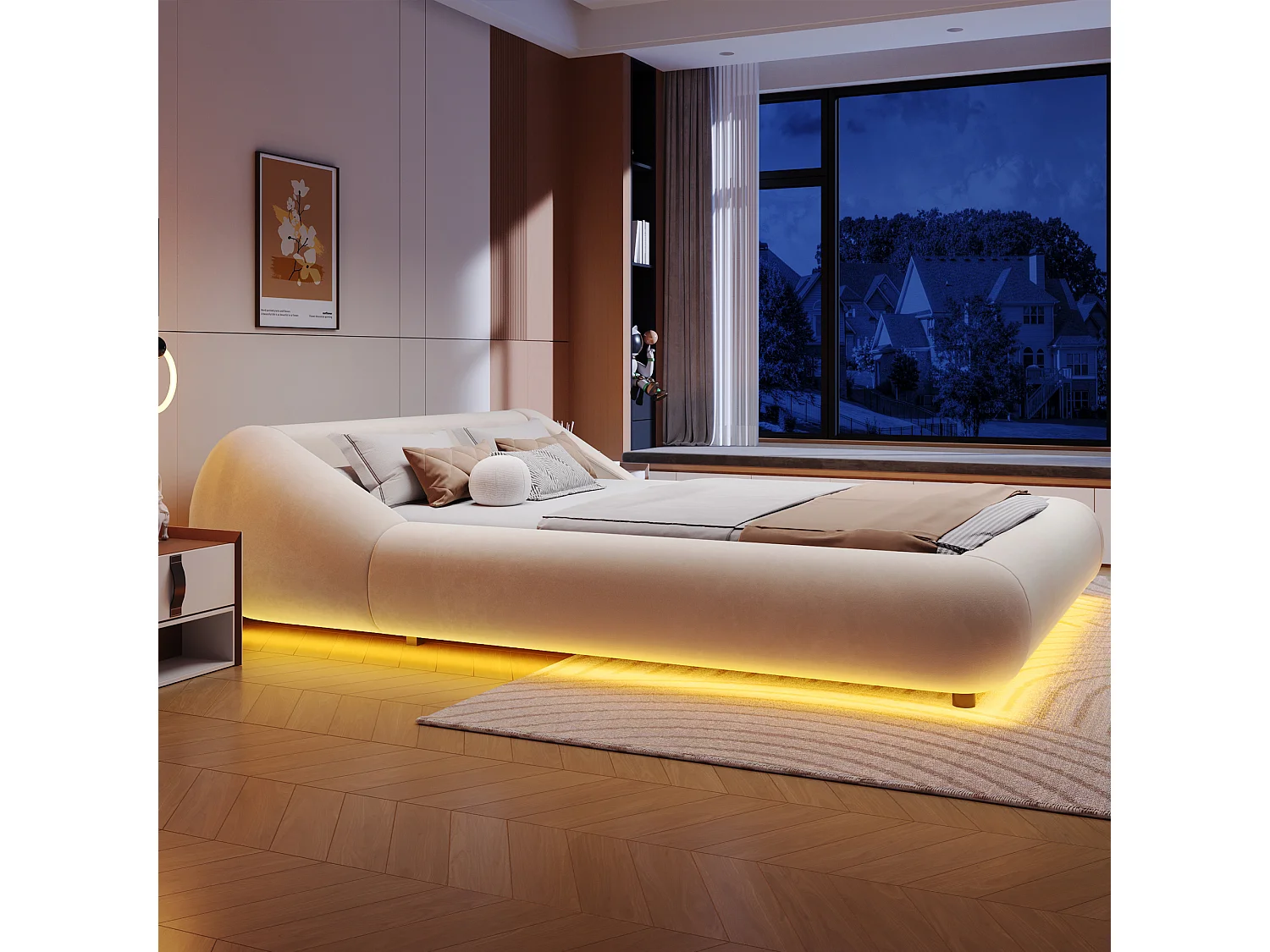 Polstret seng 140 x 200 cm med hovedgærde der omslutter og LED-belysning - Fløjl - Buet design - Beige (madras medfølger ikke)