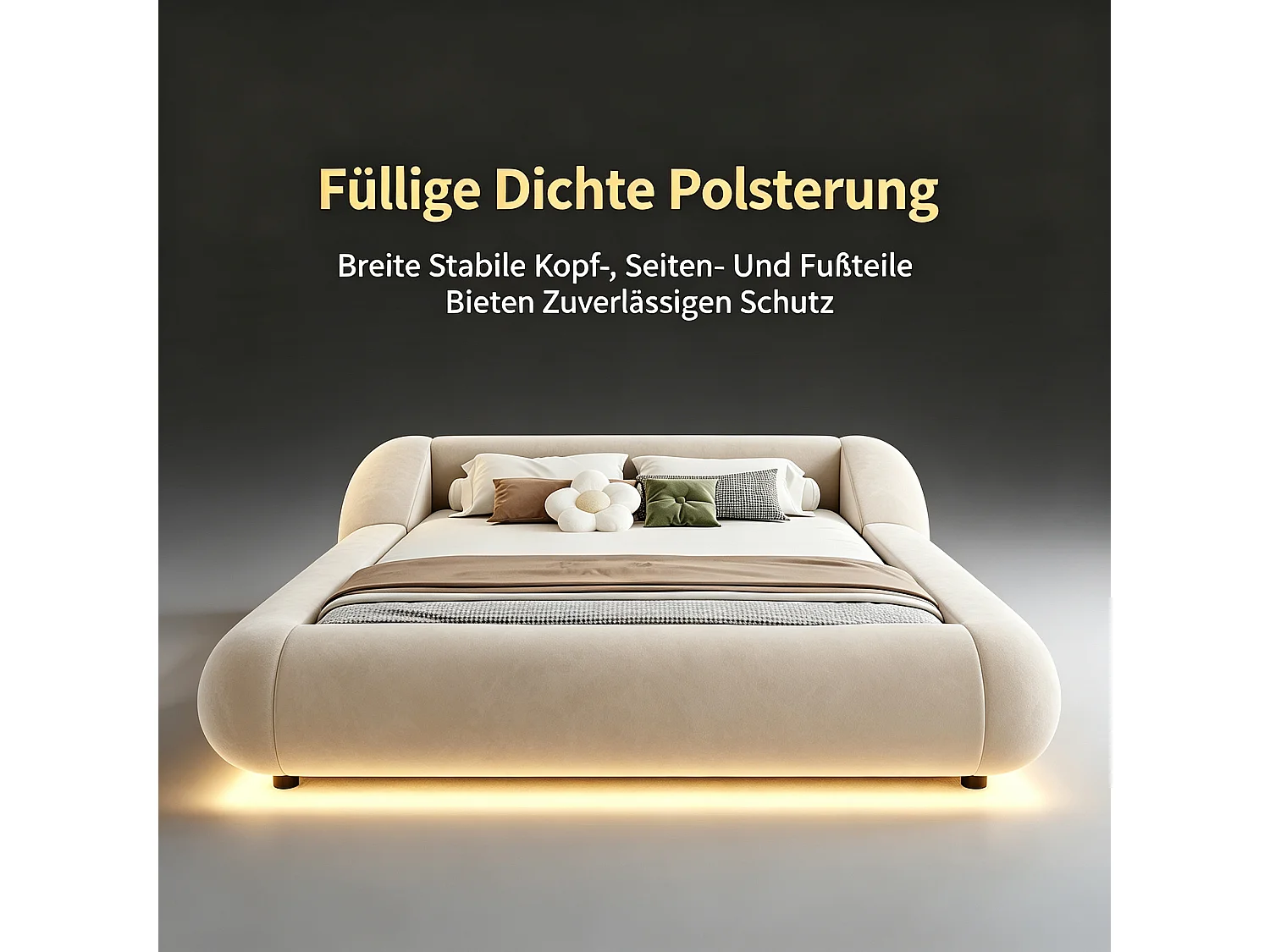 Polstret seng 140 x 200 cm med hovedgærde der omslutter og LED-belysning - Fløjl - Buet design - Beige (madras medfølger ikke)