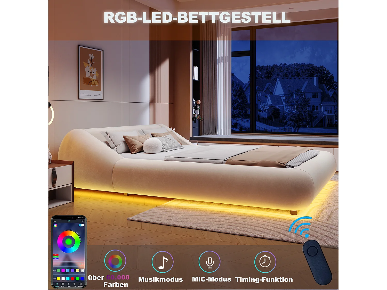 Polstret seng 140 x 200 cm med hovedgærde der omslutter og LED-belysning - Fløjl - Buet design - Beige (madras medfølger ikke)