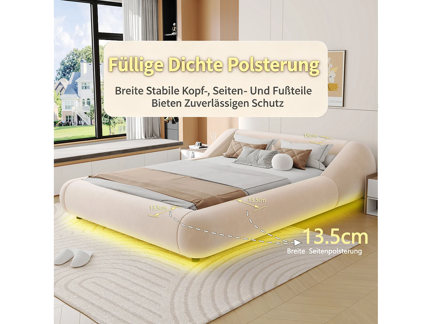 Polstret seng 140 x 200 cm med hovedgærde der omslutter og LED-belysning - Fløjl - Buet design - Beige (madras medfølger ikke)