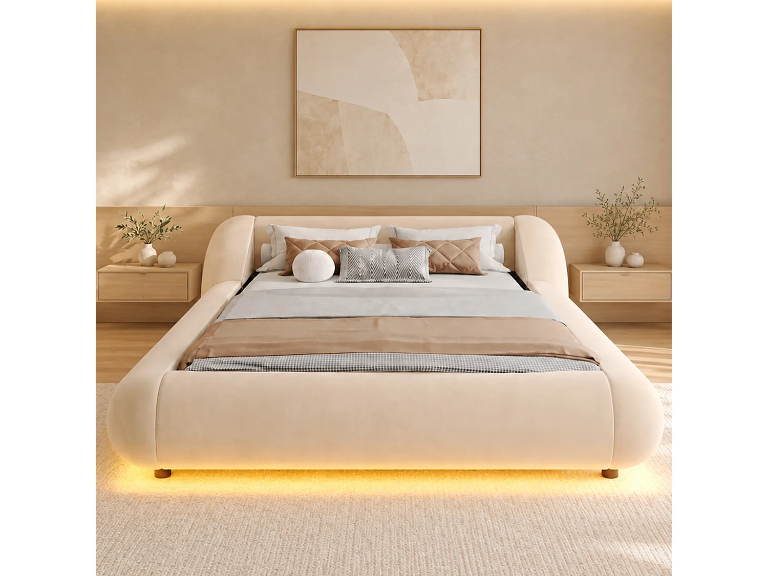 Polstret seng 140 x 200 cm med hovedgærde der omslutter og LED-belysning - Fløjl - Buet design - Beige (madras medfølger ikke)