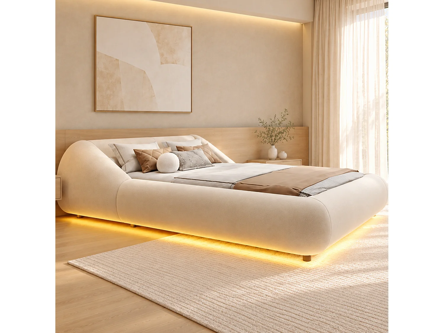 Polstret seng 140 x 200 cm med hovedgærde der omslutter og LED-belysning - Fløjl - Buet design - Beige (madras medfølger ikke)