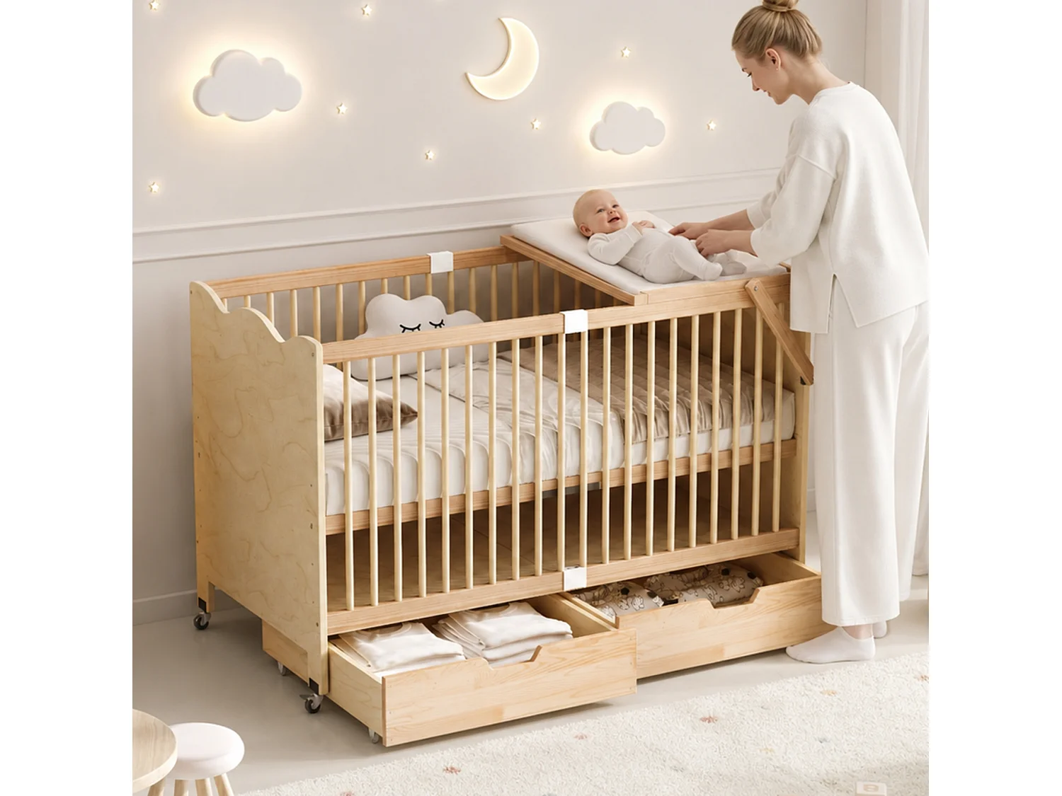 Lit bébé avec roulettes et table à langer - 140 x 70 x 94,5 cm - 4 hauteurs réglables, 2 tiroirs - Bois massif de pin - Naturel