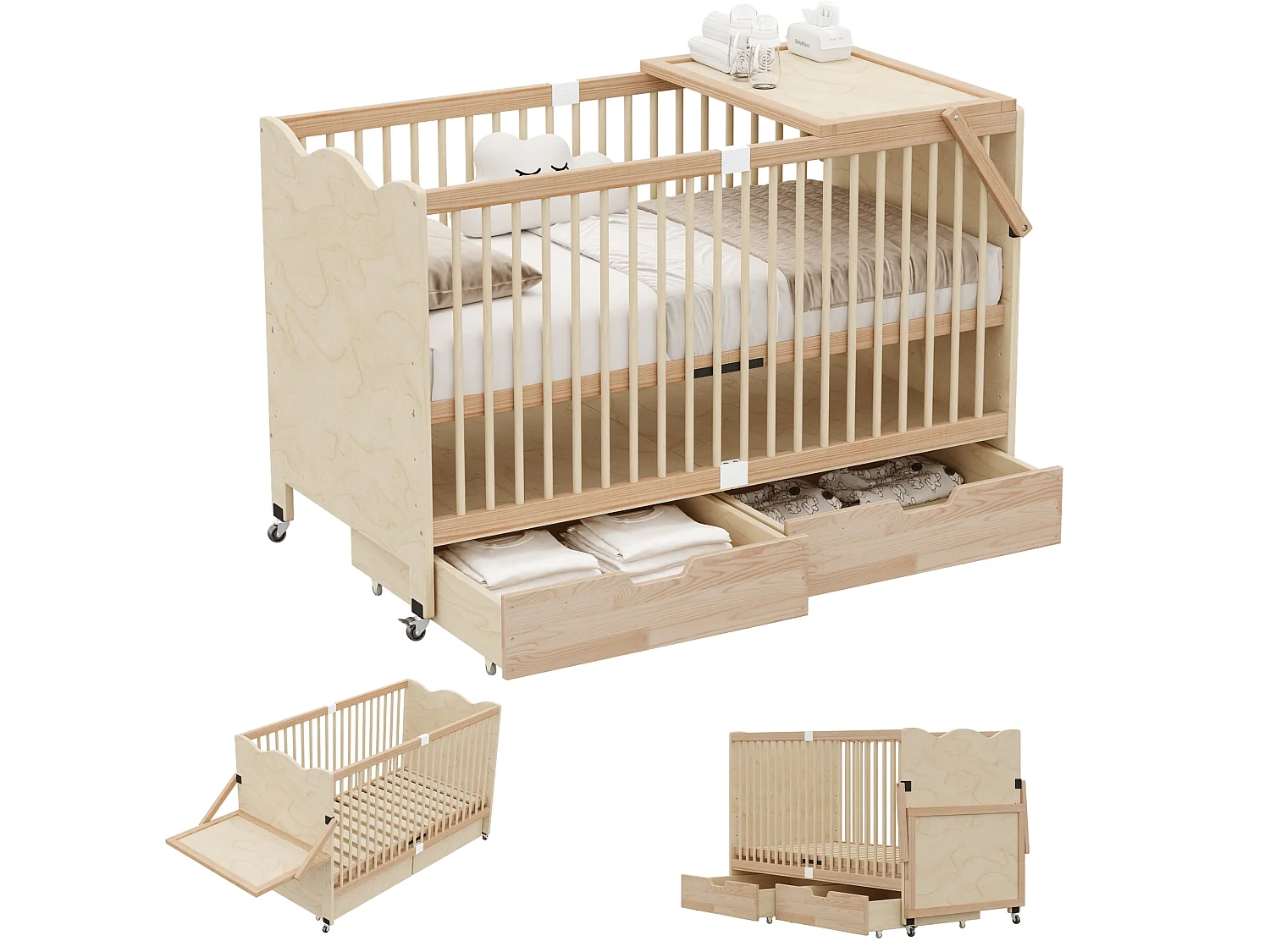 Lit bébé avec roulettes et table à langer - 140 x 70 x 94,5 cm - 4 hauteurs réglables, 2 tiroirs - Bois massif de pin - Naturel