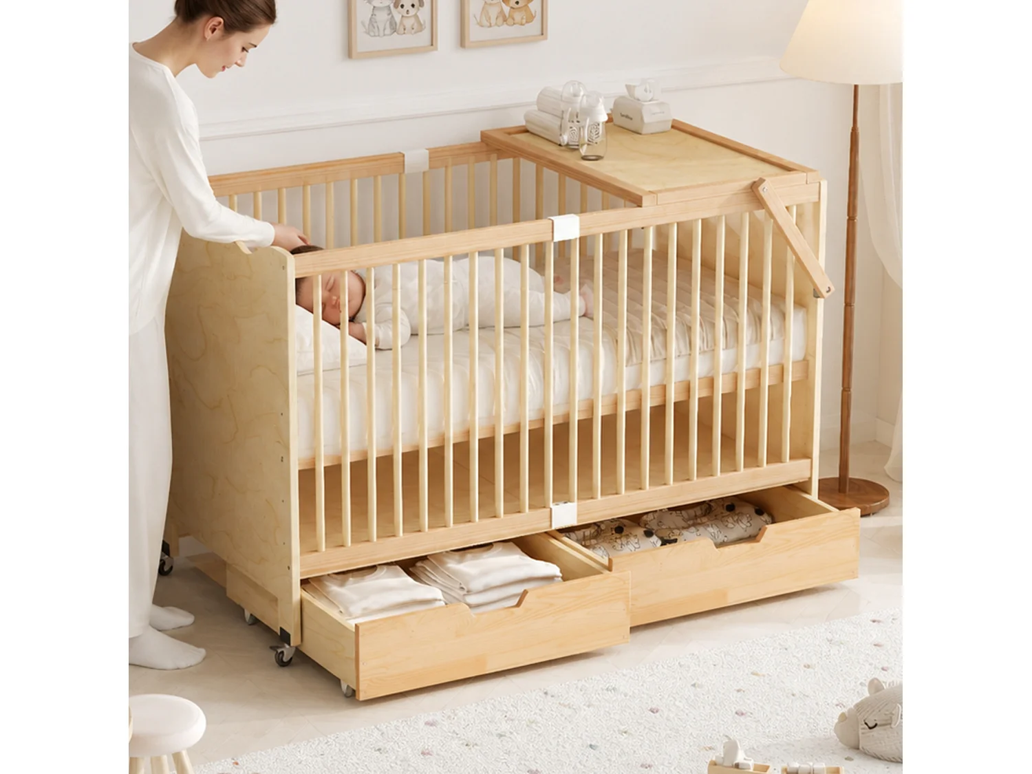 Lit bébé avec roulettes et table à langer - 140 x 70 x 94,5 cm - 4 hauteurs réglables, 2 tiroirs - Bois massif de pin - Naturel