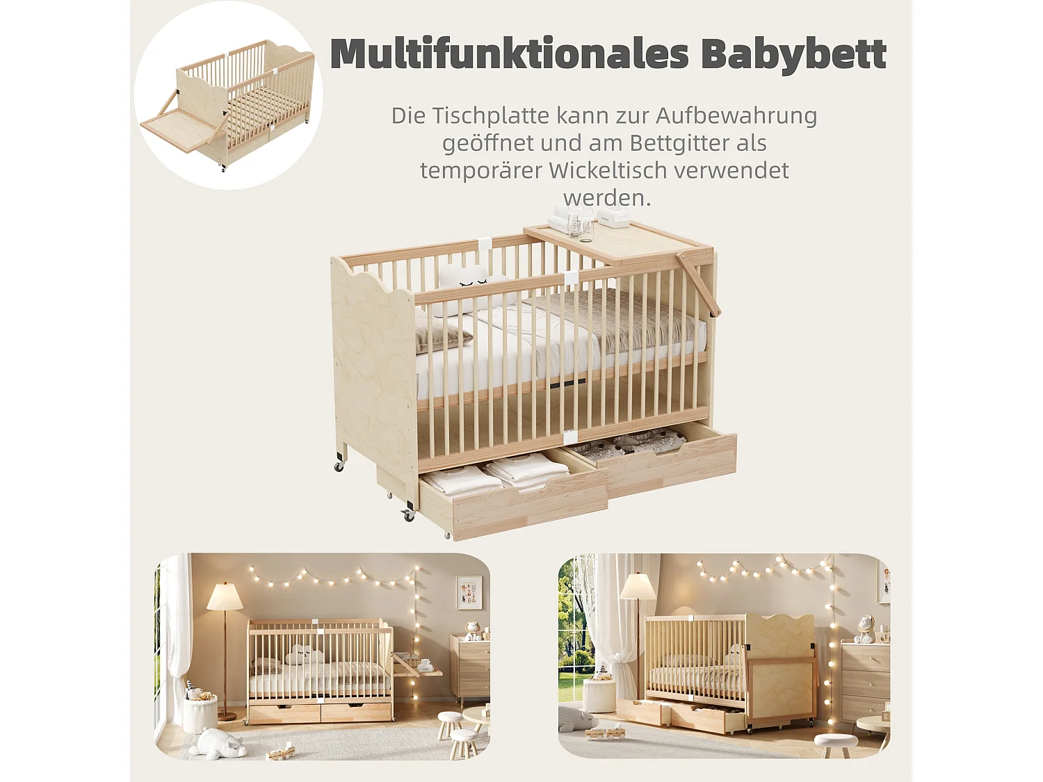 Lit bébé avec roulettes et table à langer - 140 x 70 x 94,5 cm - 4 hauteurs réglables, 2 tiroirs - Bois massif de pin - Naturel