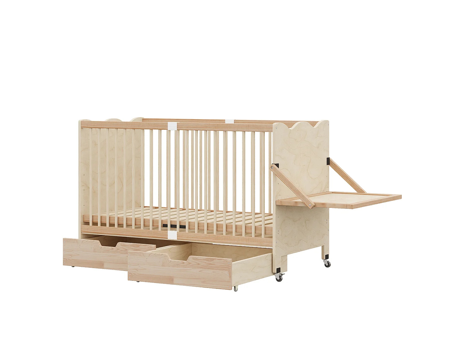 Lit bébé avec roulettes et table à langer - 140 x 70 x 94,5 cm - 4 hauteurs réglables, 2 tiroirs - Bois massif de pin - Naturel