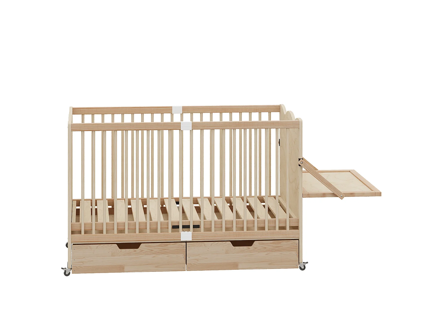 Lit bébé avec roulettes et table à langer - 140 x 70 x 94,5 cm - 4 hauteurs réglables, 2 tiroirs - Bois massif de pin - Naturel