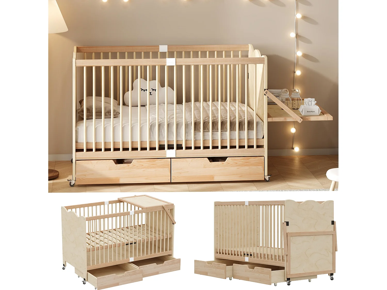 Lit bébé avec roulettes et table à langer - 140 x 70 x 94,5 cm - 4 hauteurs réglables, 2 tiroirs - Bois massif de pin - Naturel