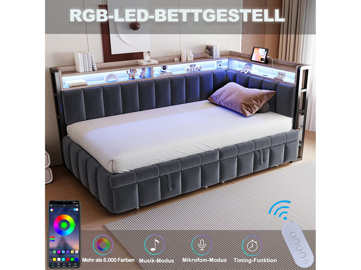 Udtræksseng 90 x 200 cm + 90 x 190 cm med hovedgærde, LED-belysning og USB/Type-C-porte - Fløjl - Mørkegrå (madras medfølger ikke)