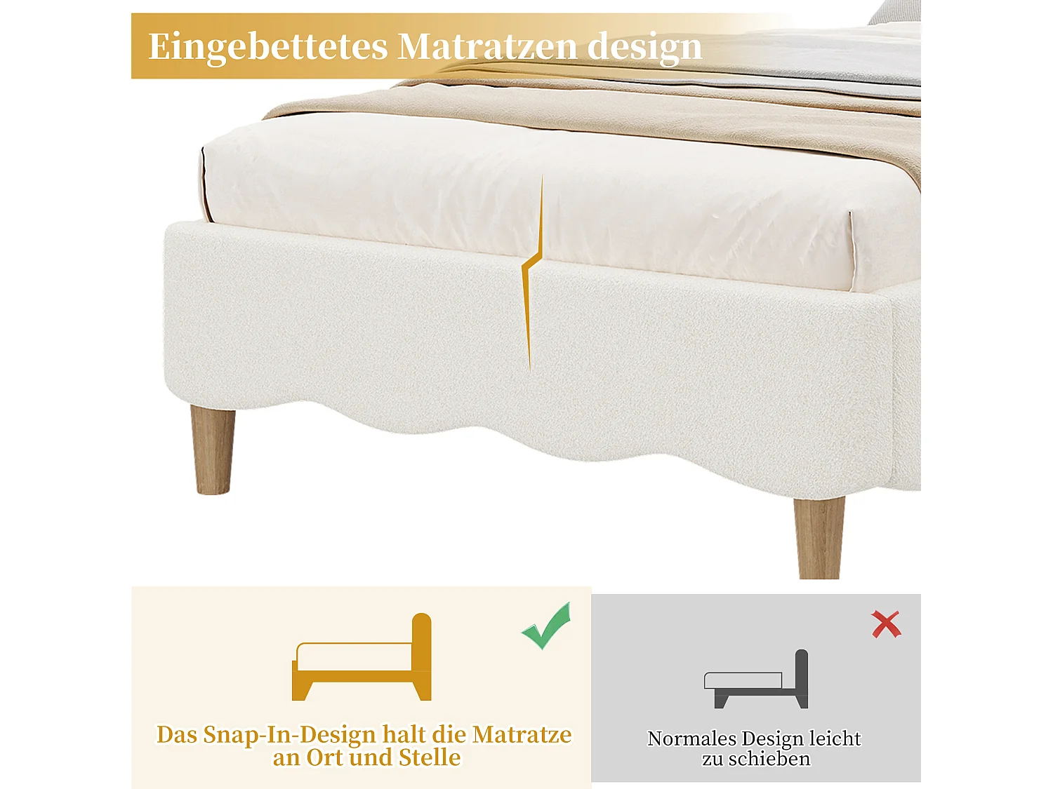 Lit enfant 90 x 200 cm avec tête de lit capitonnée - Bouclé + bois massif - Blanc (sans matelas)