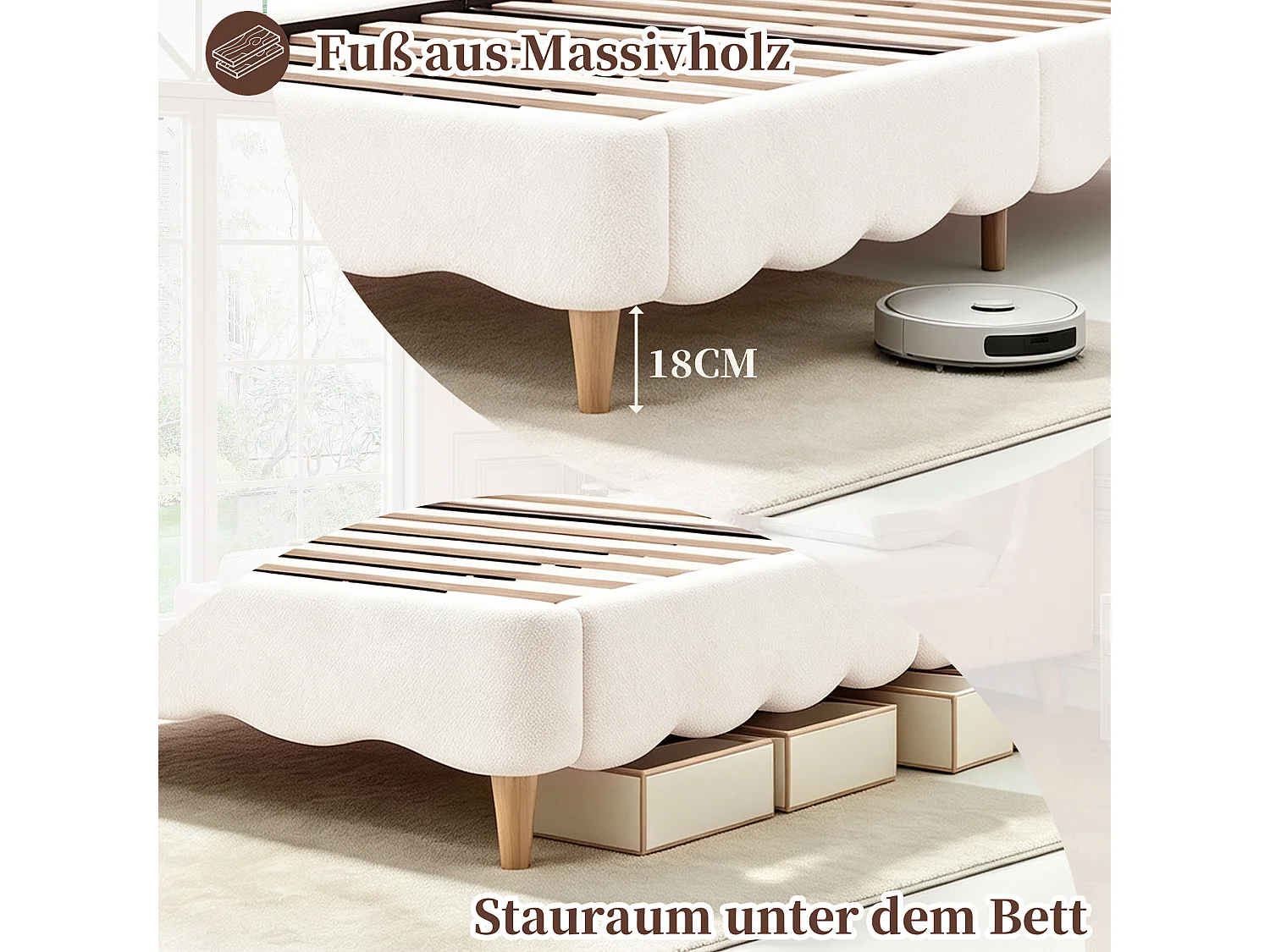 Lit enfant 90 x 200 cm avec tête de lit capitonnée - Bouclé + bois massif - Blanc (sans matelas)