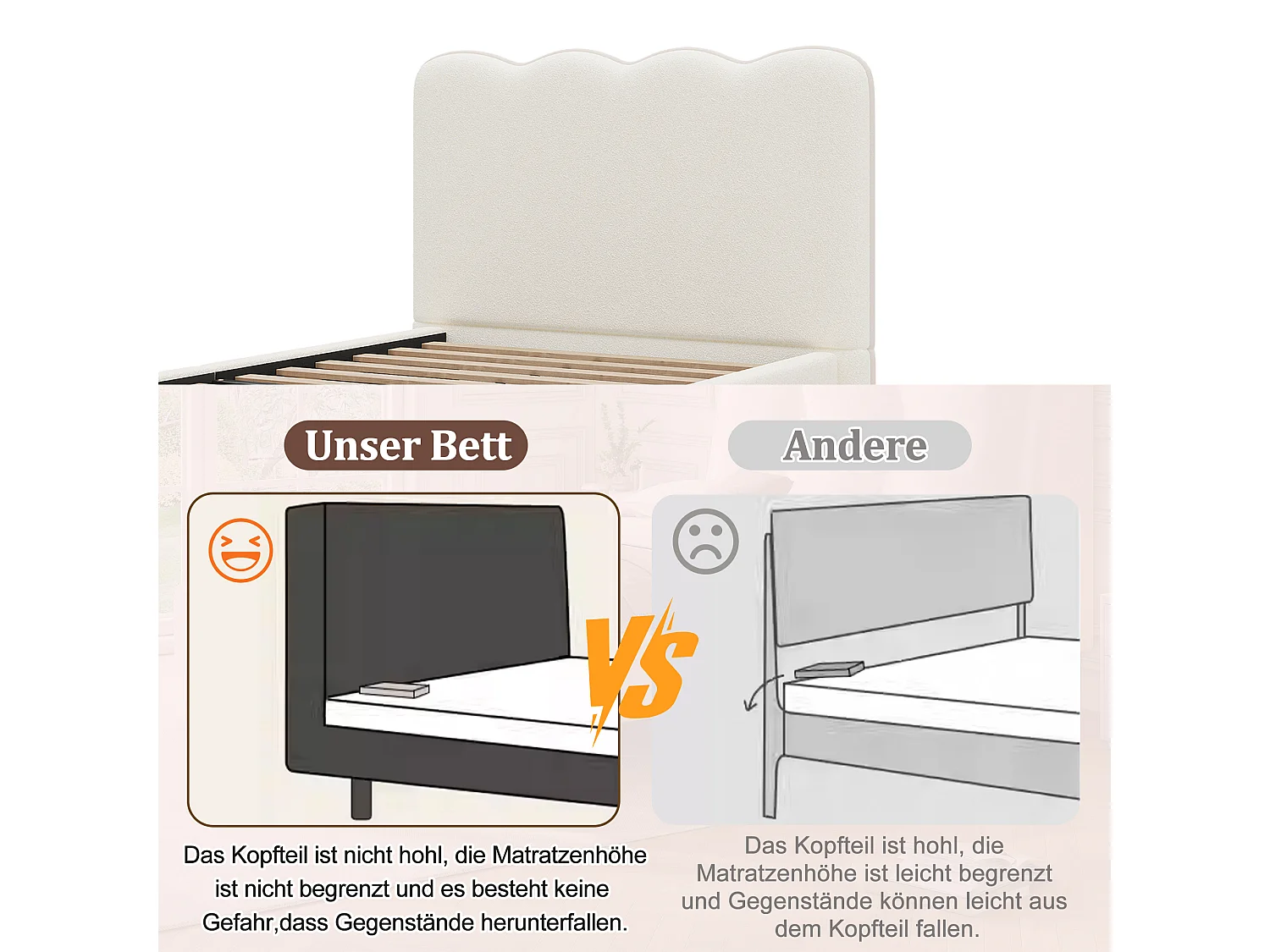 Lit enfant 90 x 200 cm avec tête de lit capitonnée - Bouclé + bois massif - Blanc (sans matelas)