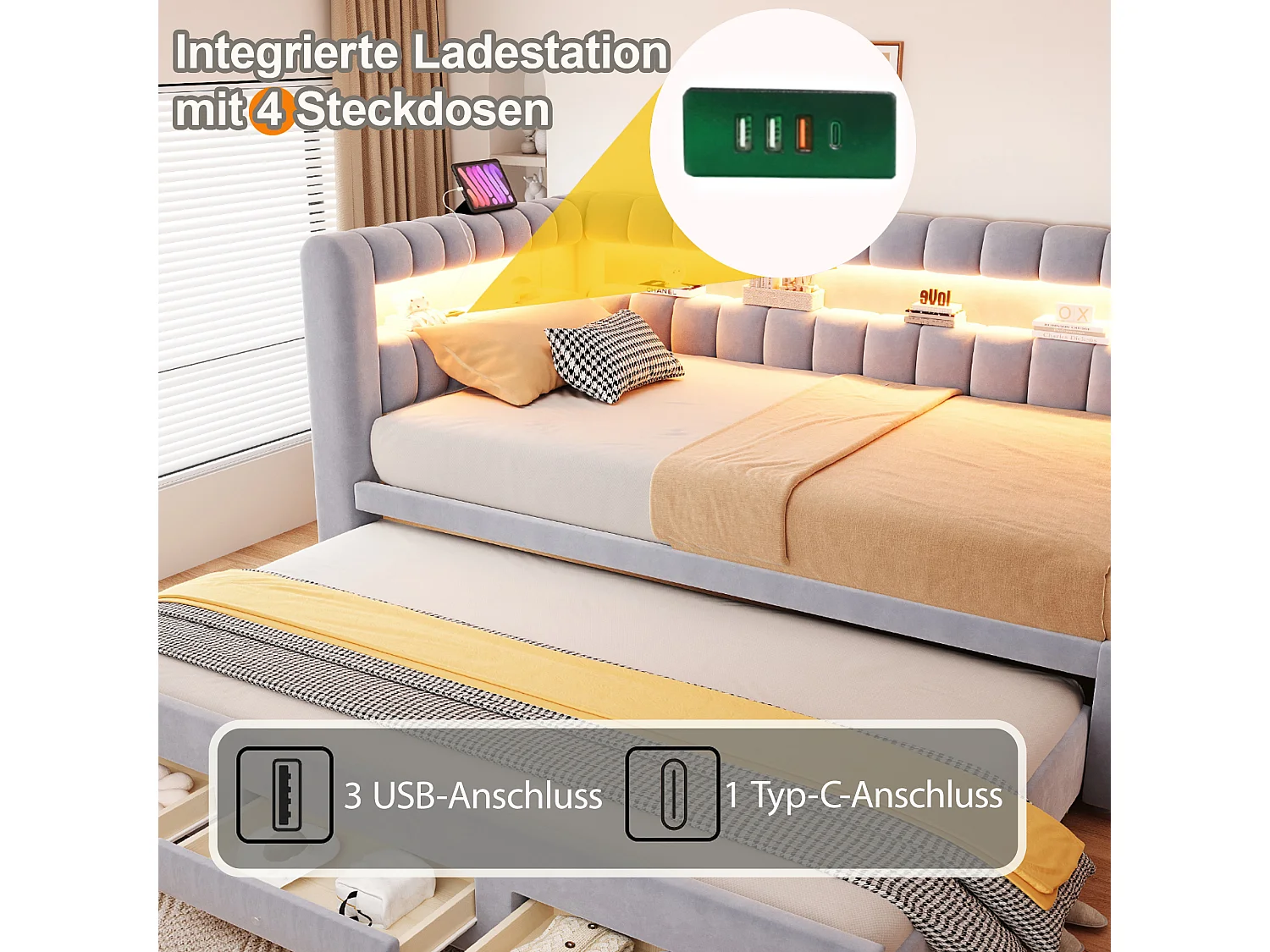 Udtræksseng 90 x 190 cm + 90 x 190 cm med 3 skuffer, hovedgærde med opbevaring, LED og USB/Type-C porte - Fløjl - Lysegrå (madras medfølger ikke)