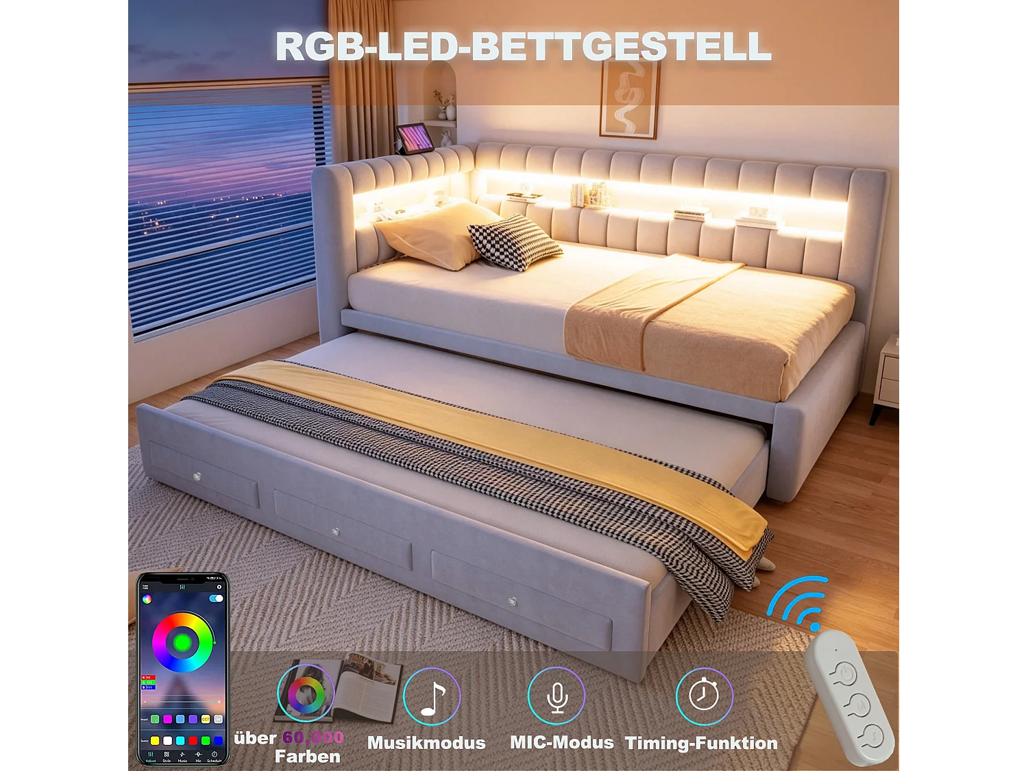 Udtræksseng 90 x 190 cm + 90 x 190 cm med 3 skuffer, hovedgærde med opbevaring, LED og USB/Type-C porte - Fløjl - Lysegrå (madras medfølger ikke)